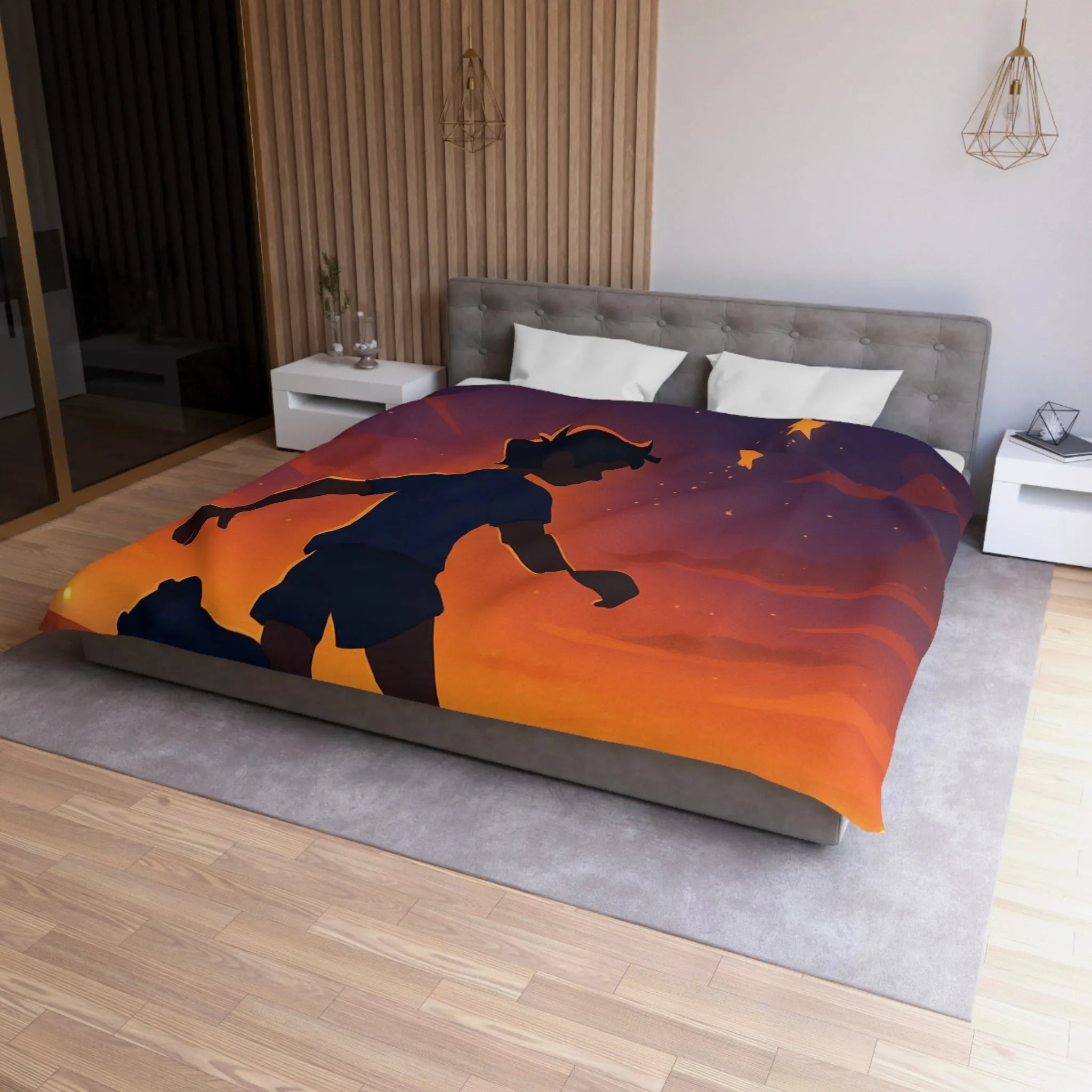 Housse de couette illustrée de garçon jouant au football sous un ciel étoilé inspirant