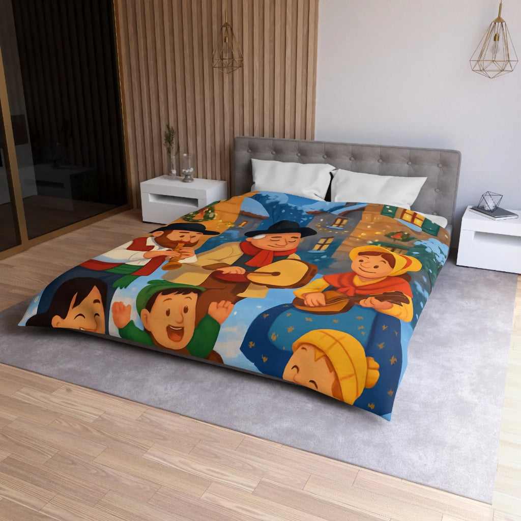 Housse de couette festive avec village enneigé et musiciens pendant l’hiver joyeux