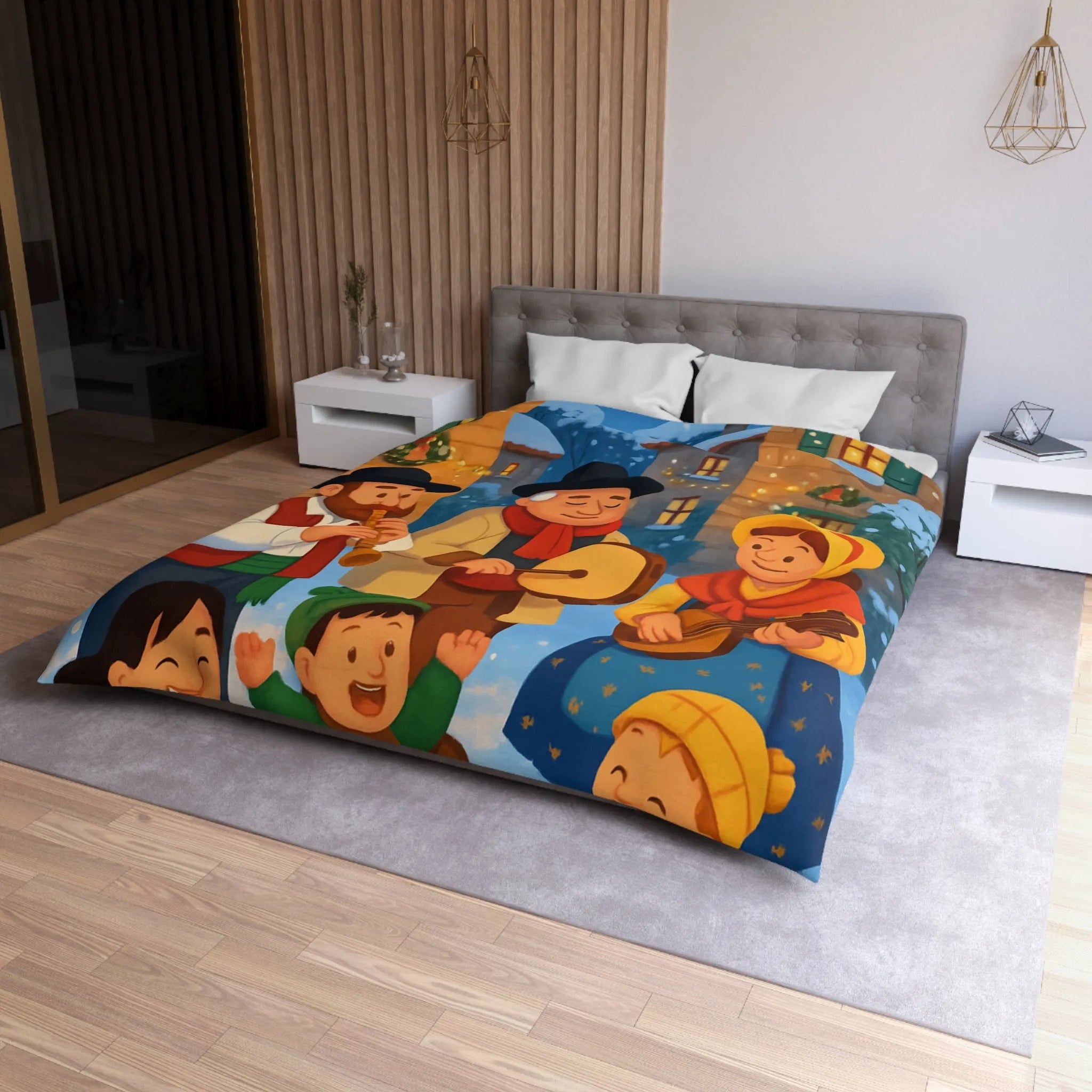 Housse de couette festive avec village enneigé et musiciens pendant l’hiver joyeux