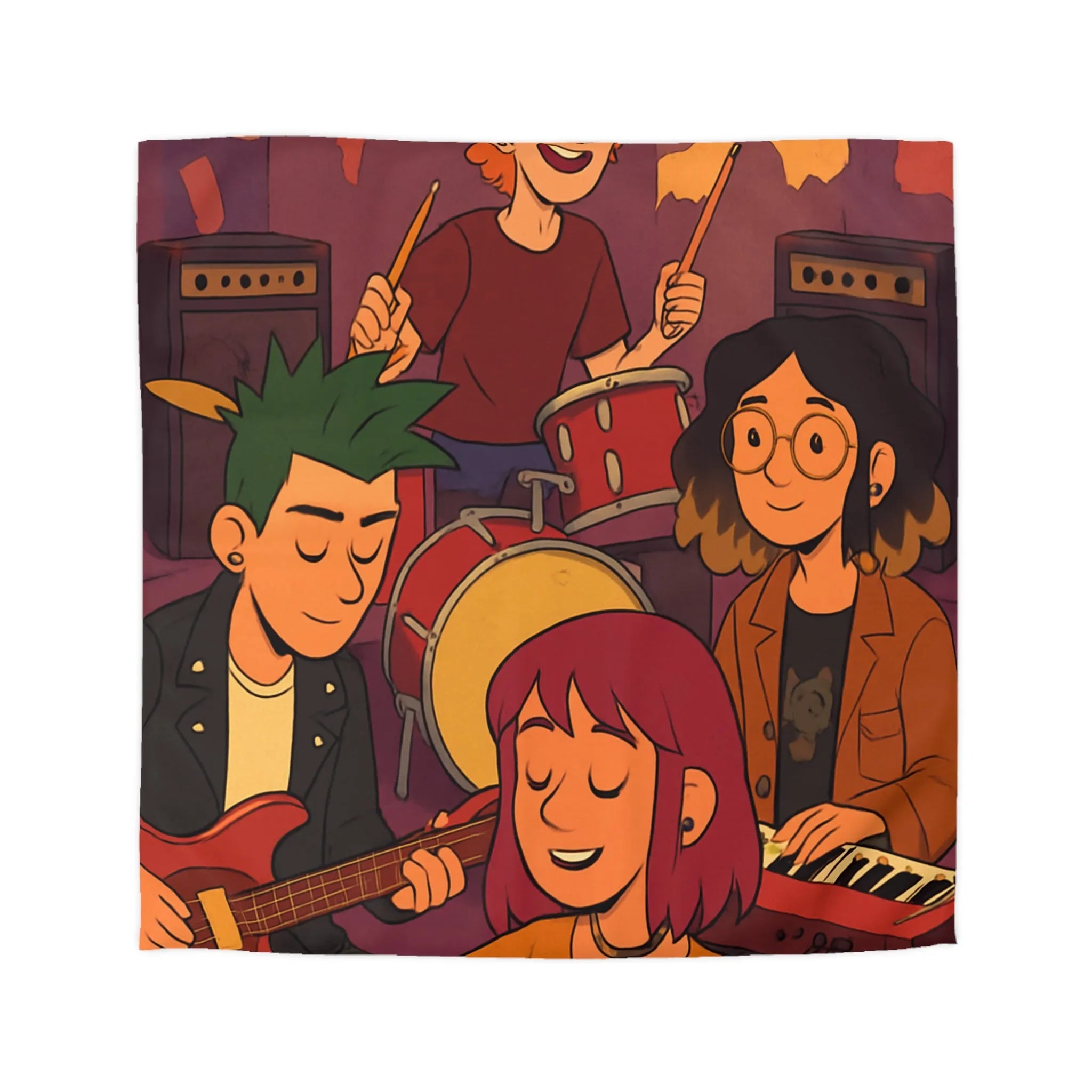 Housse de couette colorée avec jeunes musiciens animés jouant en harmonie joyeuse