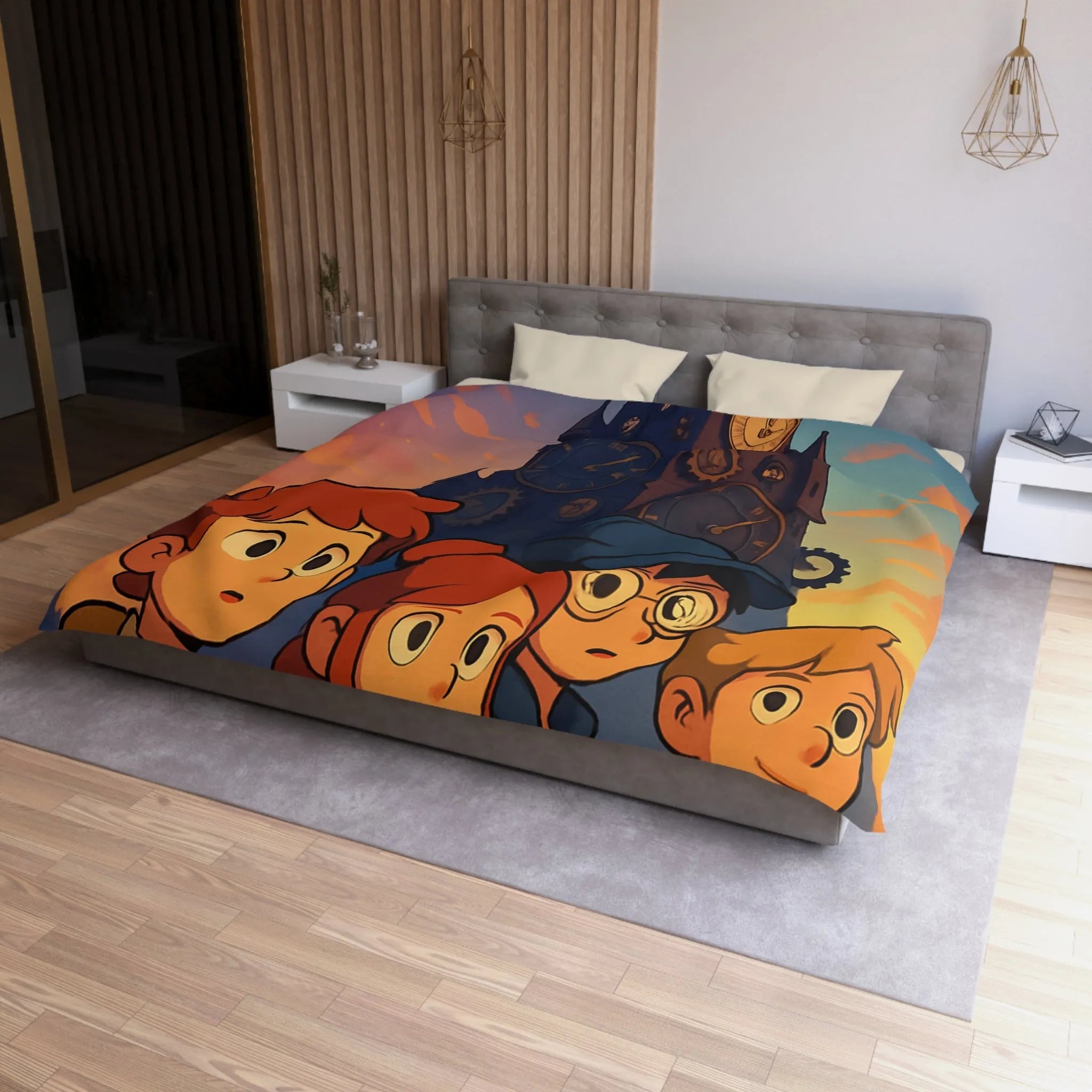 Housse de couette illustrée aventure jeunesse horloges coucher de soleil style animé vibrant