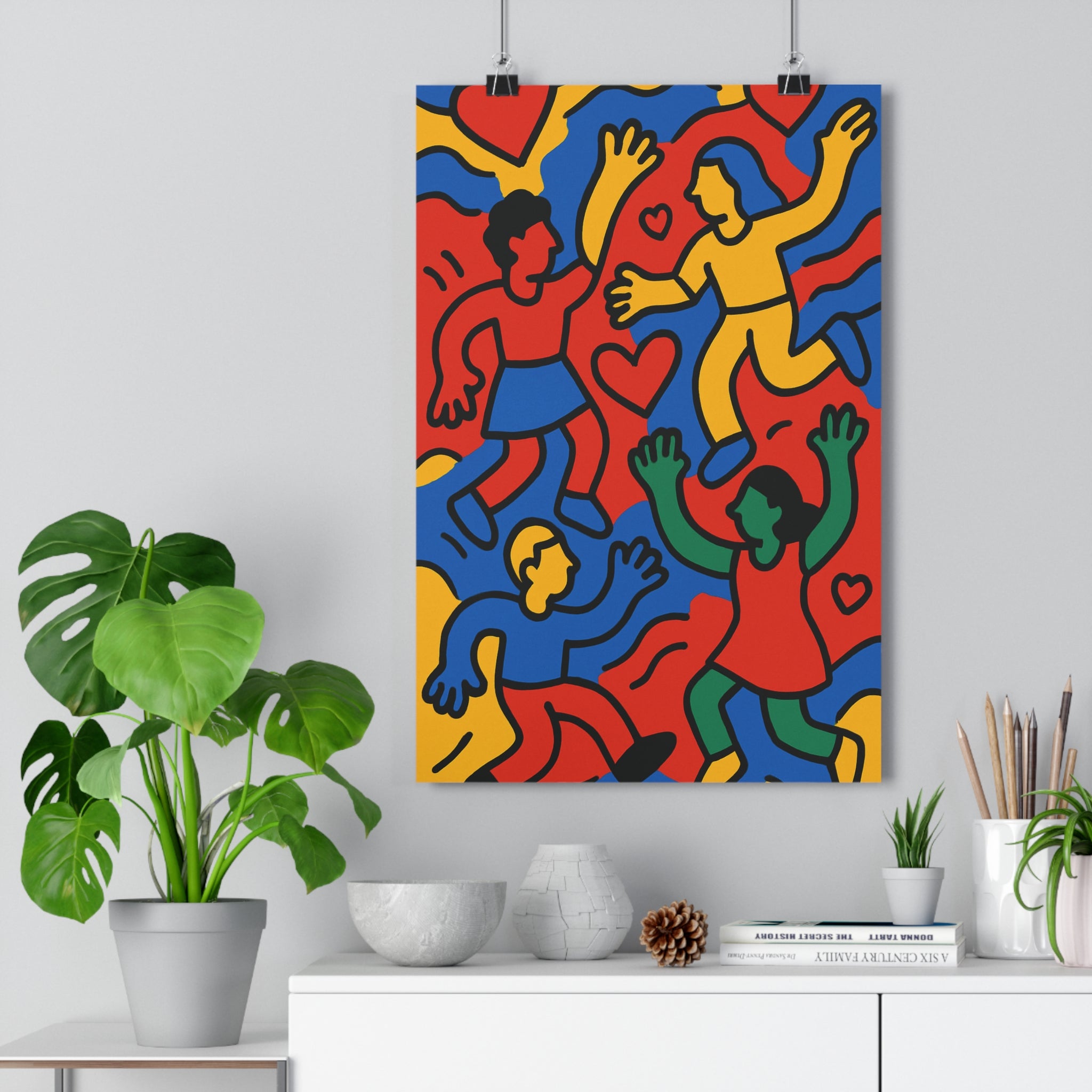 Poster décoratif joyeux danseurs couleurs vives rouge bleu jaune vert style moderne chambre salon