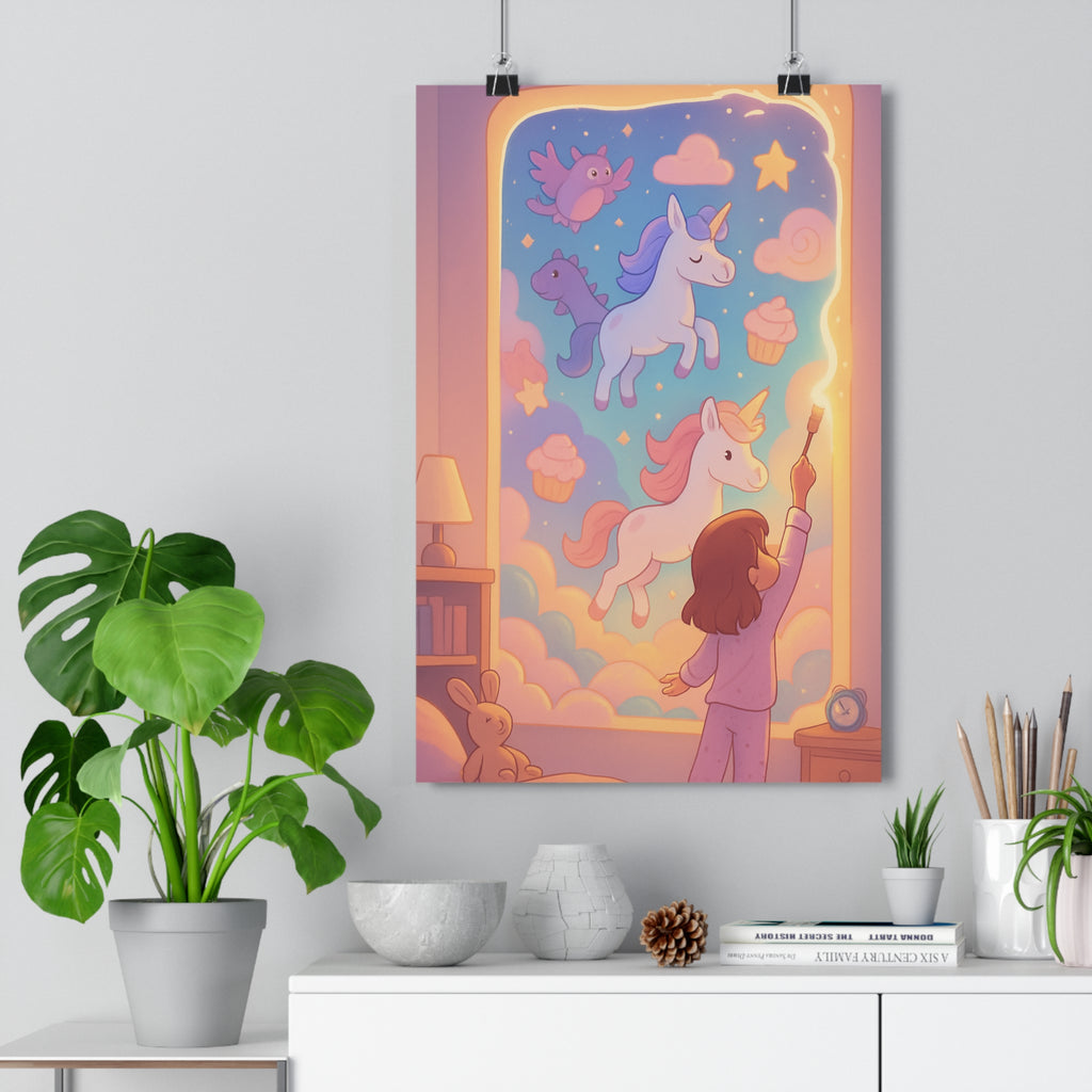 Poster décoratif féérique pastel doux chambre enfant licorne hibou rêveur magique rose bleu jaune