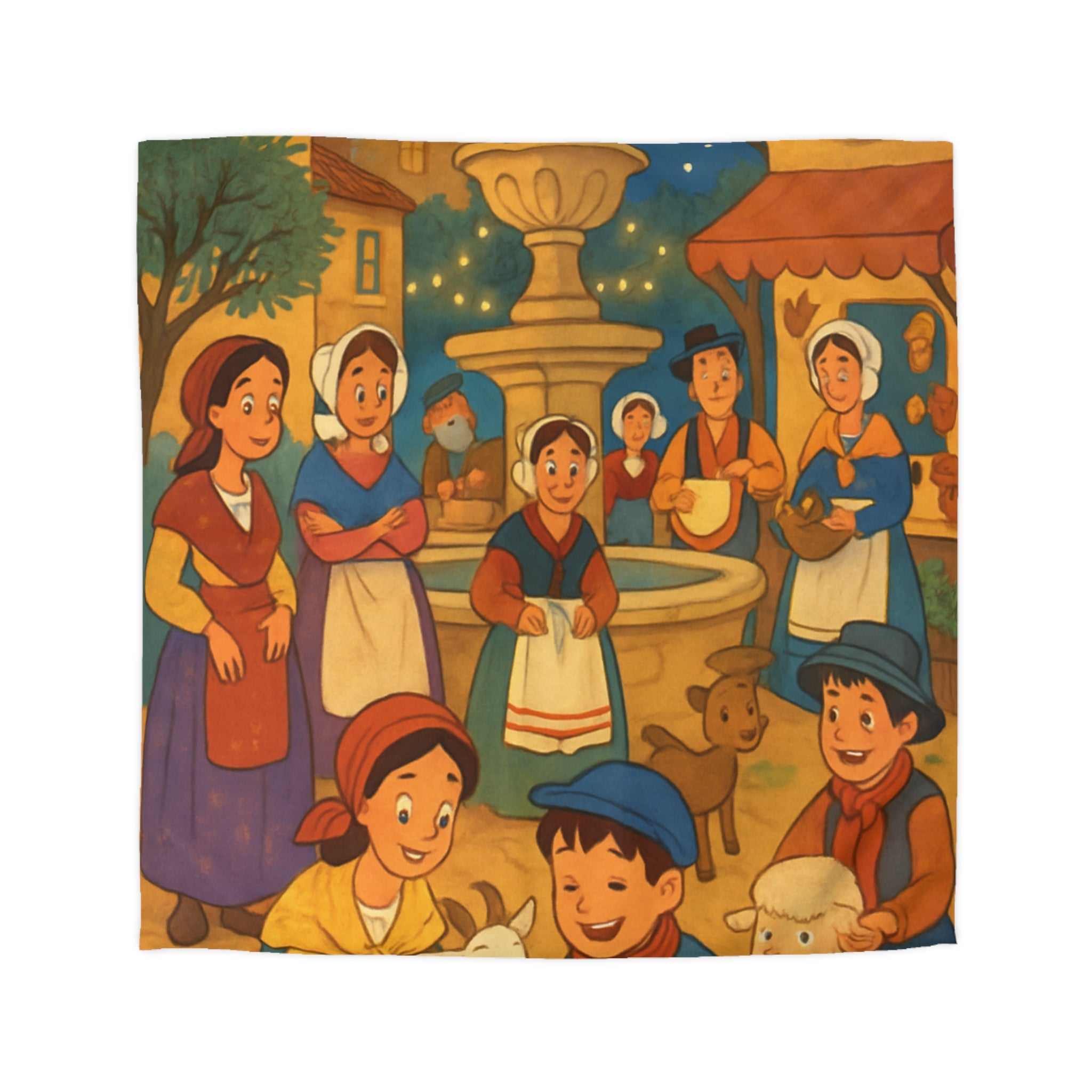 Housse de couette pour enfants avec scène villageoise festive et animaux mignons joyeux