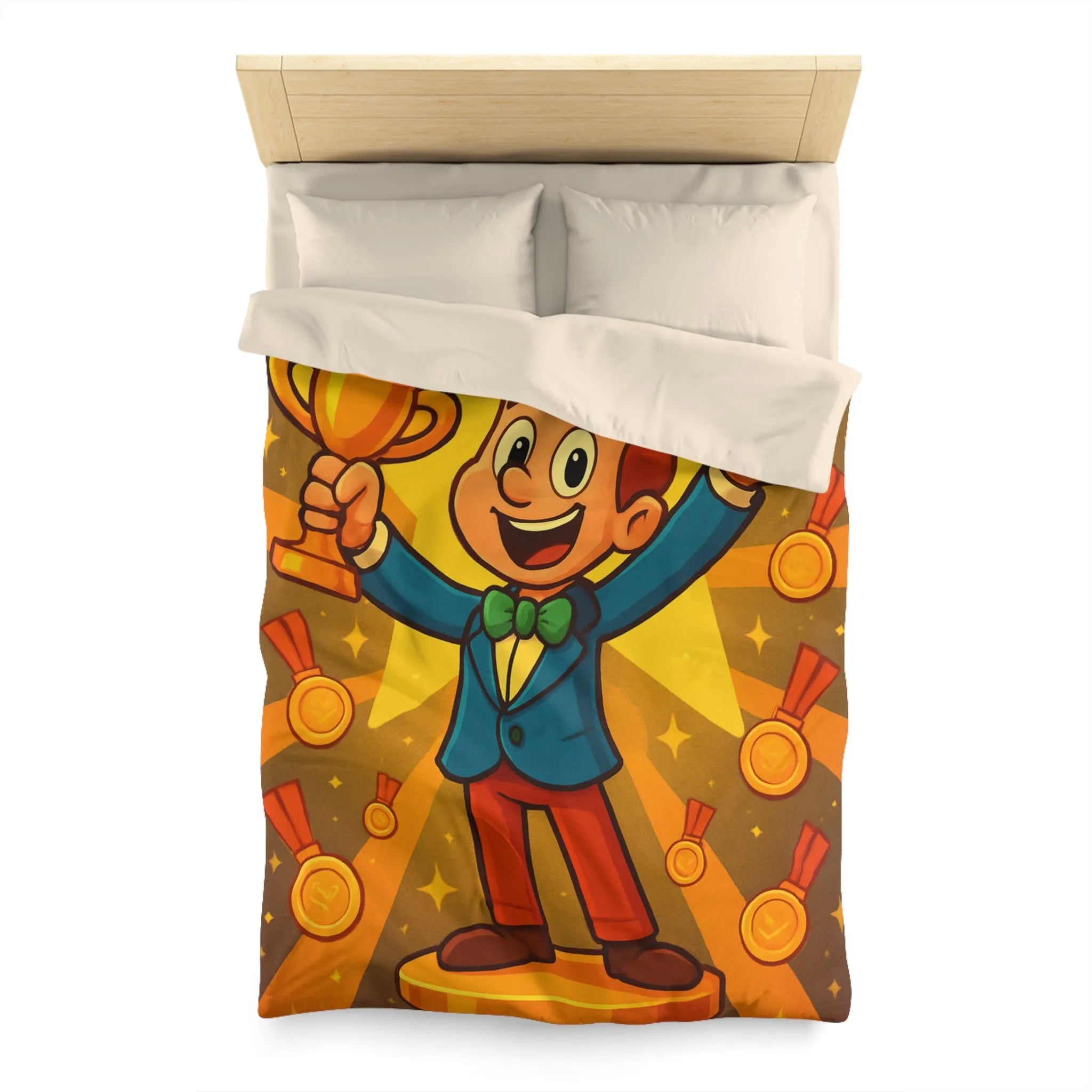 Housse de Couette Enfant avec Illustration Jeune Champion Débordant de Joie et Médailles