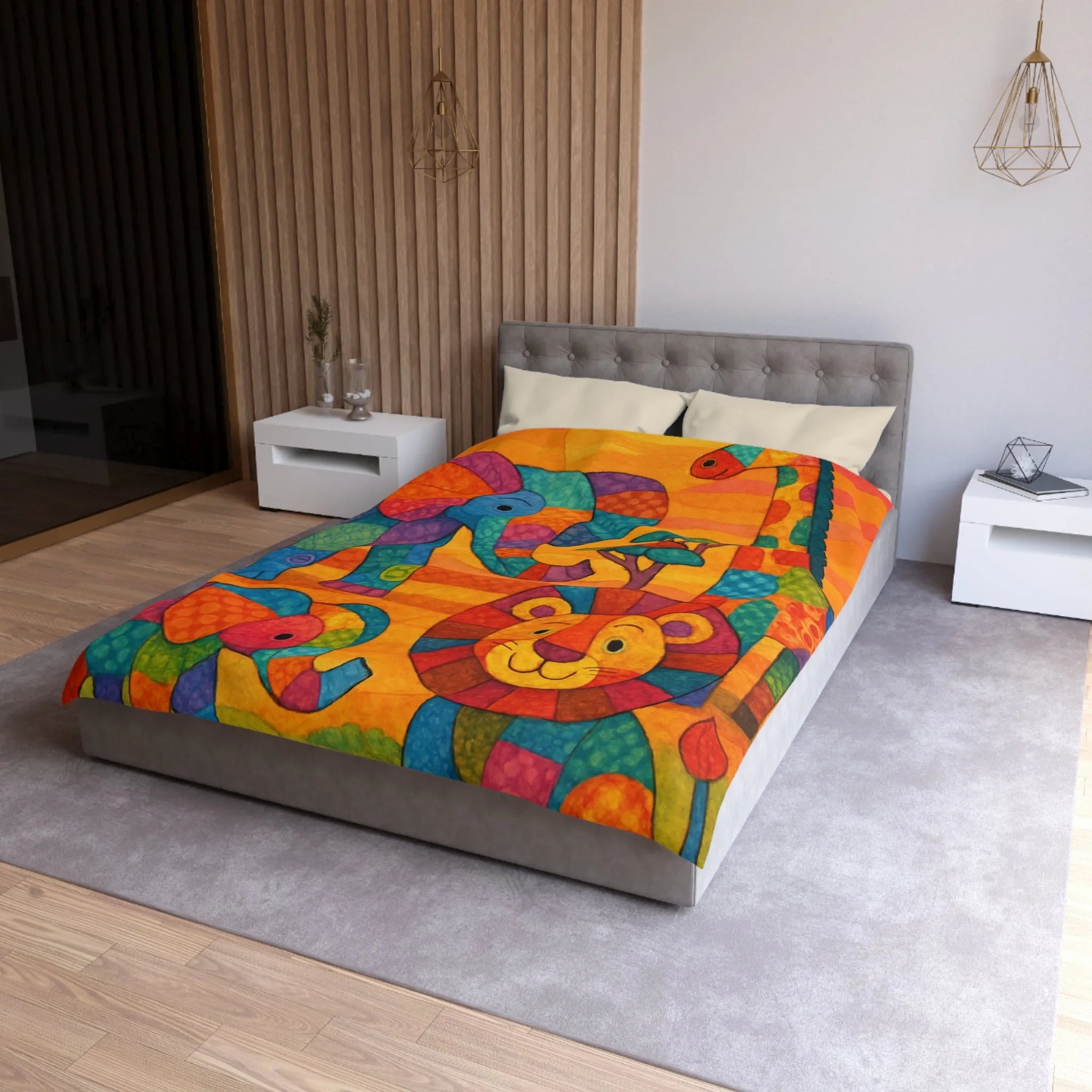 Housse de couette colorée avec éléphants, girafe et lion en style patchwork