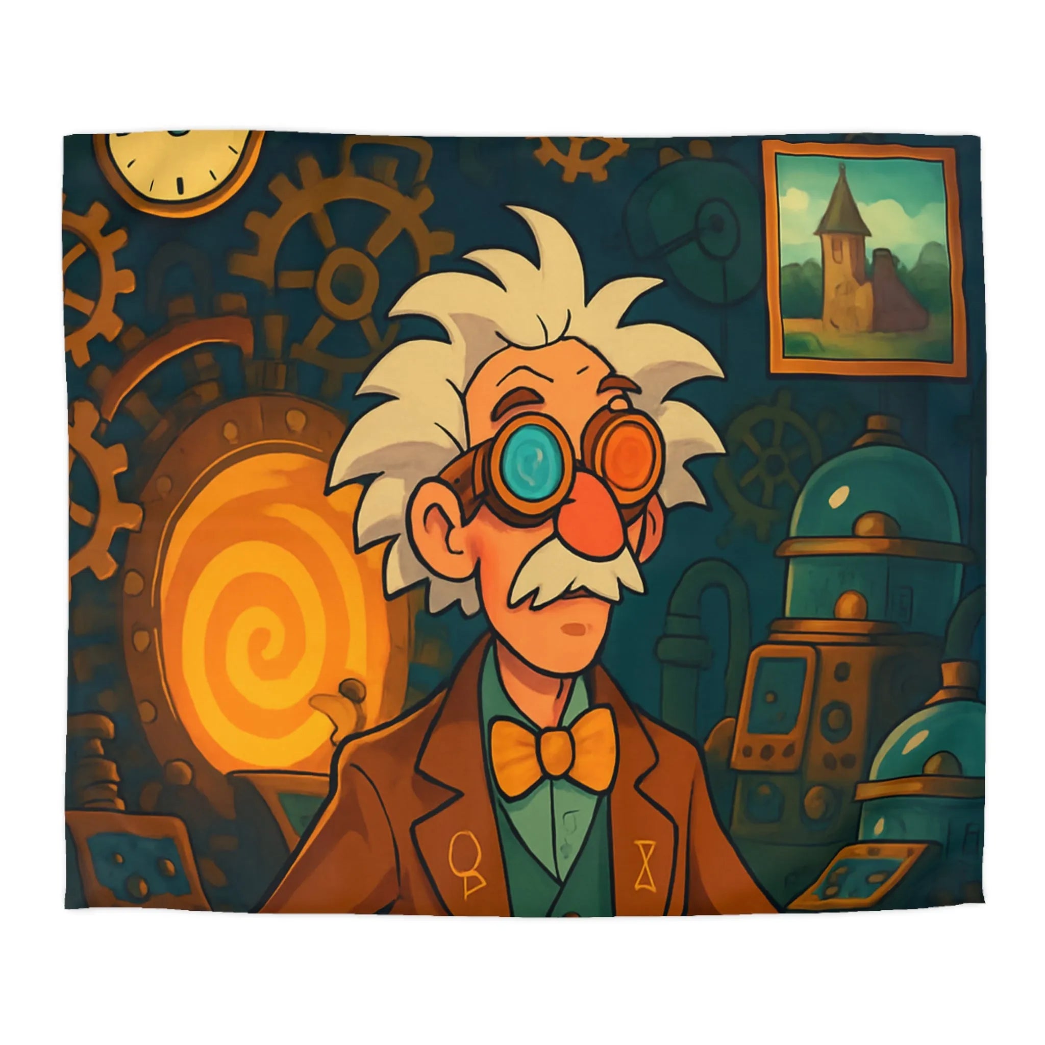 Housse de couette avec horloges mécaniques et inventeur dans un atelier fantastique