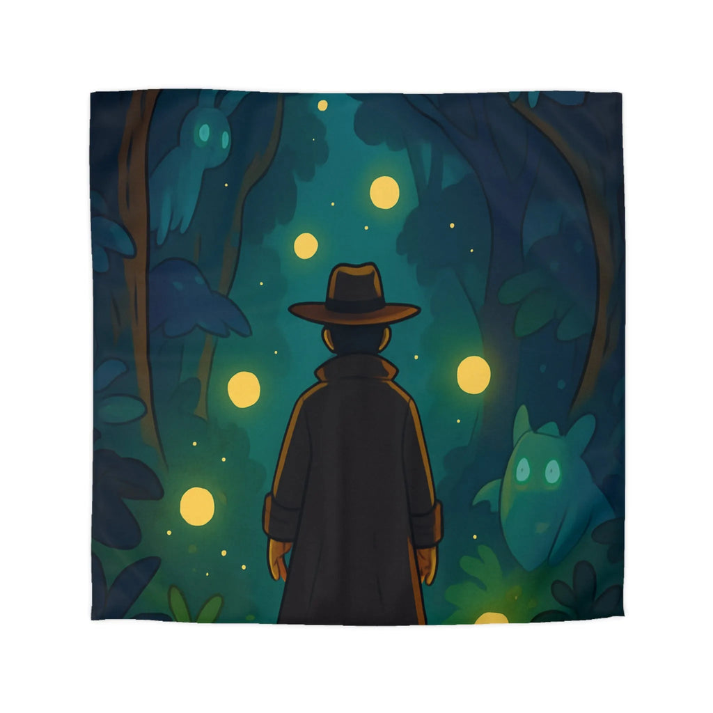 Housse de Couette Forêt Mystique avec Créatures Lumineuses et Promeneur en Chapeau