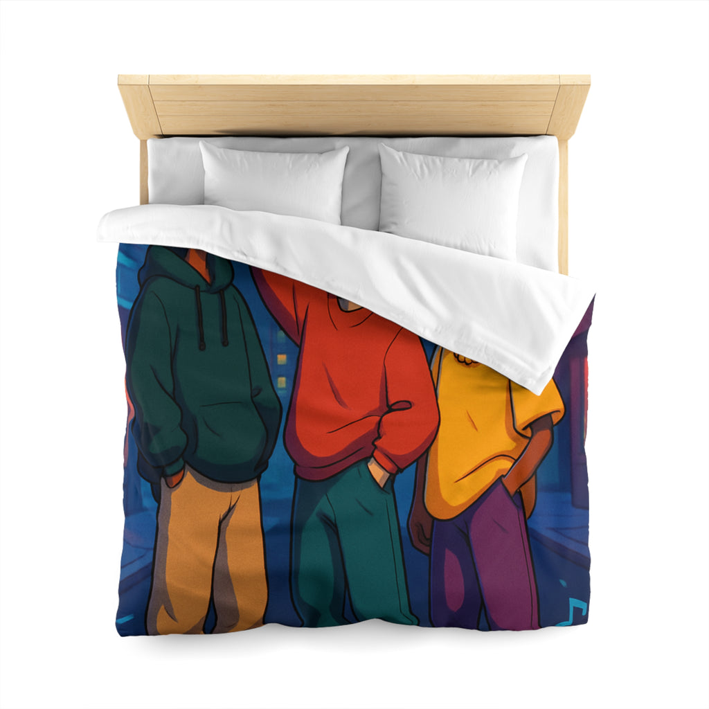 Housse de couette urbaine colorée avec adolescents et radio cassette dans la rue nocturne