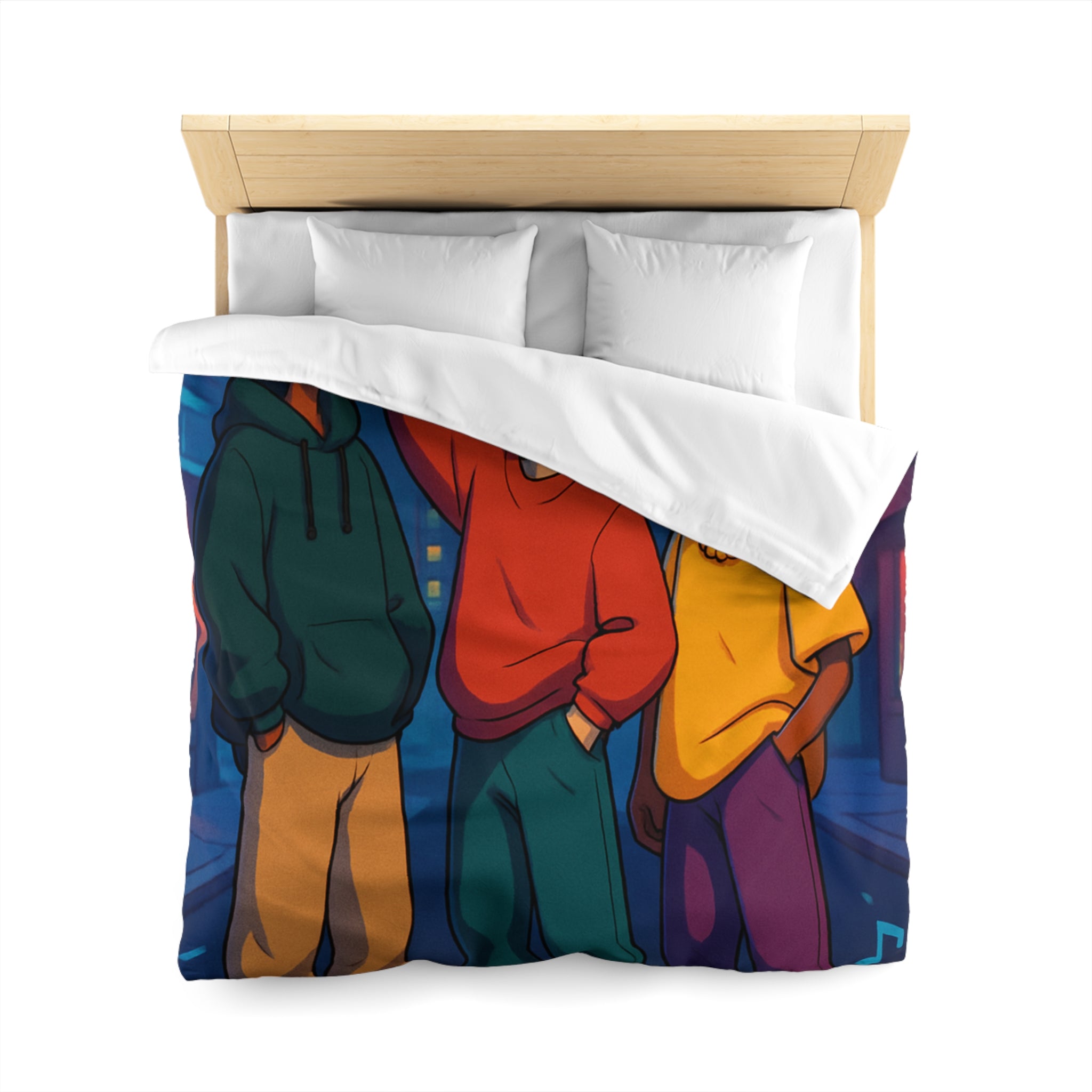 Housse de couette urbaine colorée avec adolescents et radio cassette dans la rue nocturne