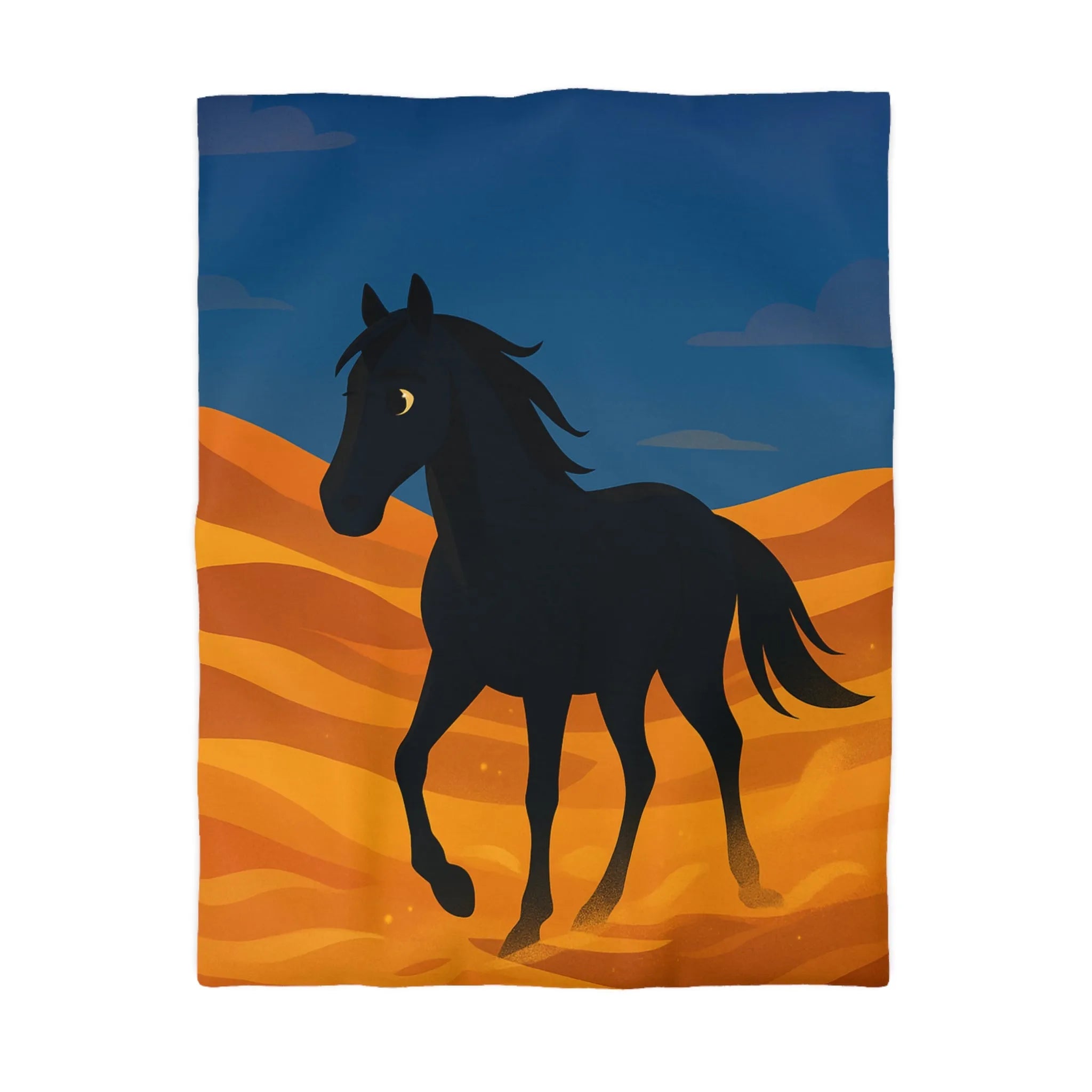 Housse de couette cheval noir galopant sur dunes dorées au crépuscule paisible