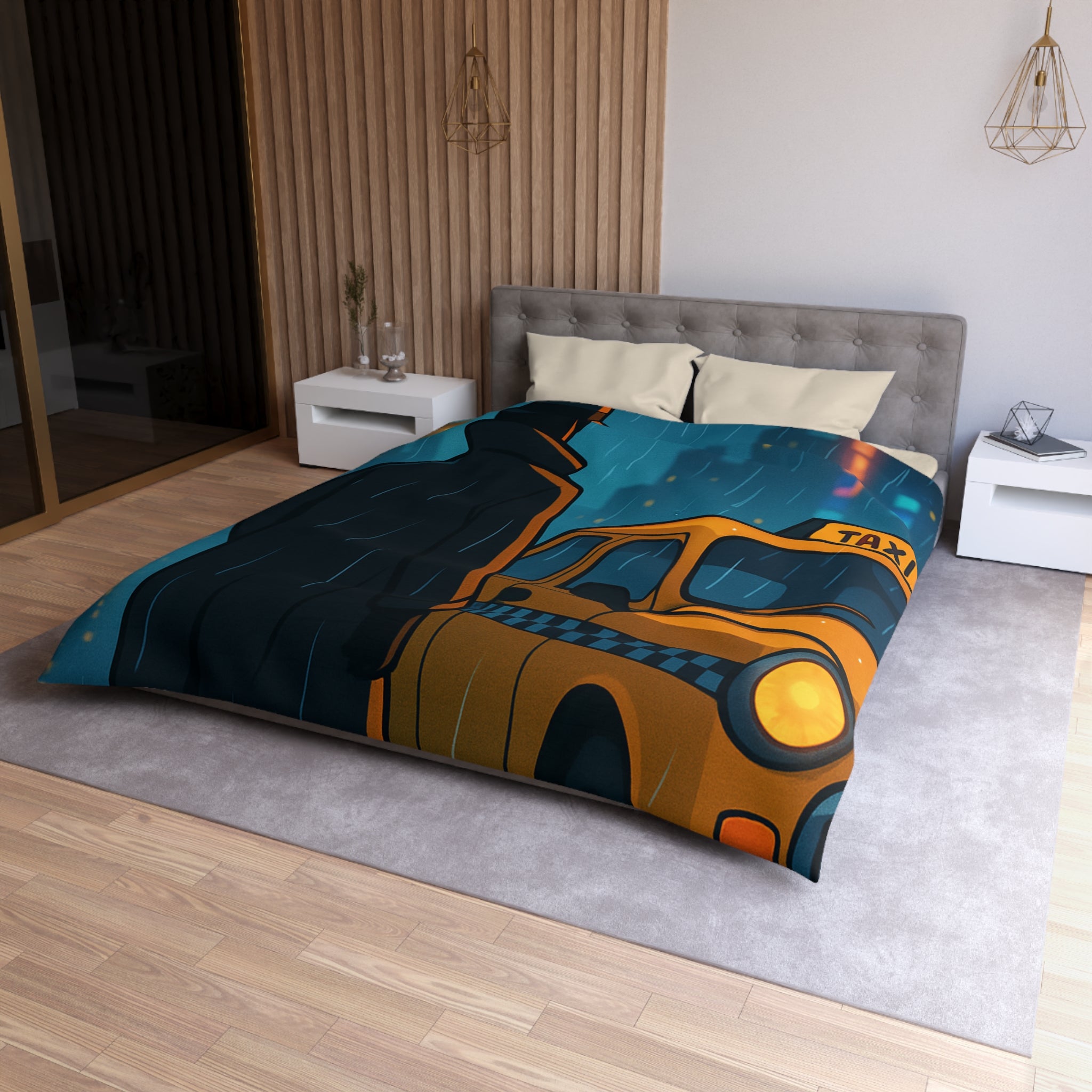 Mystérieux Homme En Imper Parapluie Noir Attendant Taxi Jaune Sous Pluie Urbaine Nocturne