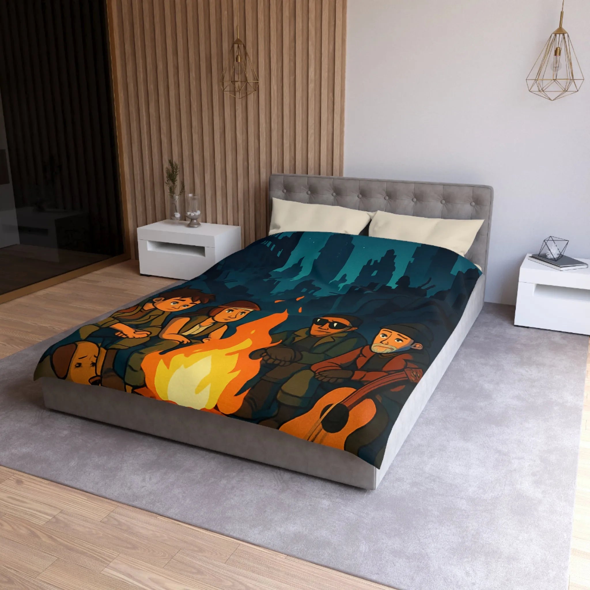 Housse de couette : scène nocturne apocalyptique avec personnages autour d'un feu de camp