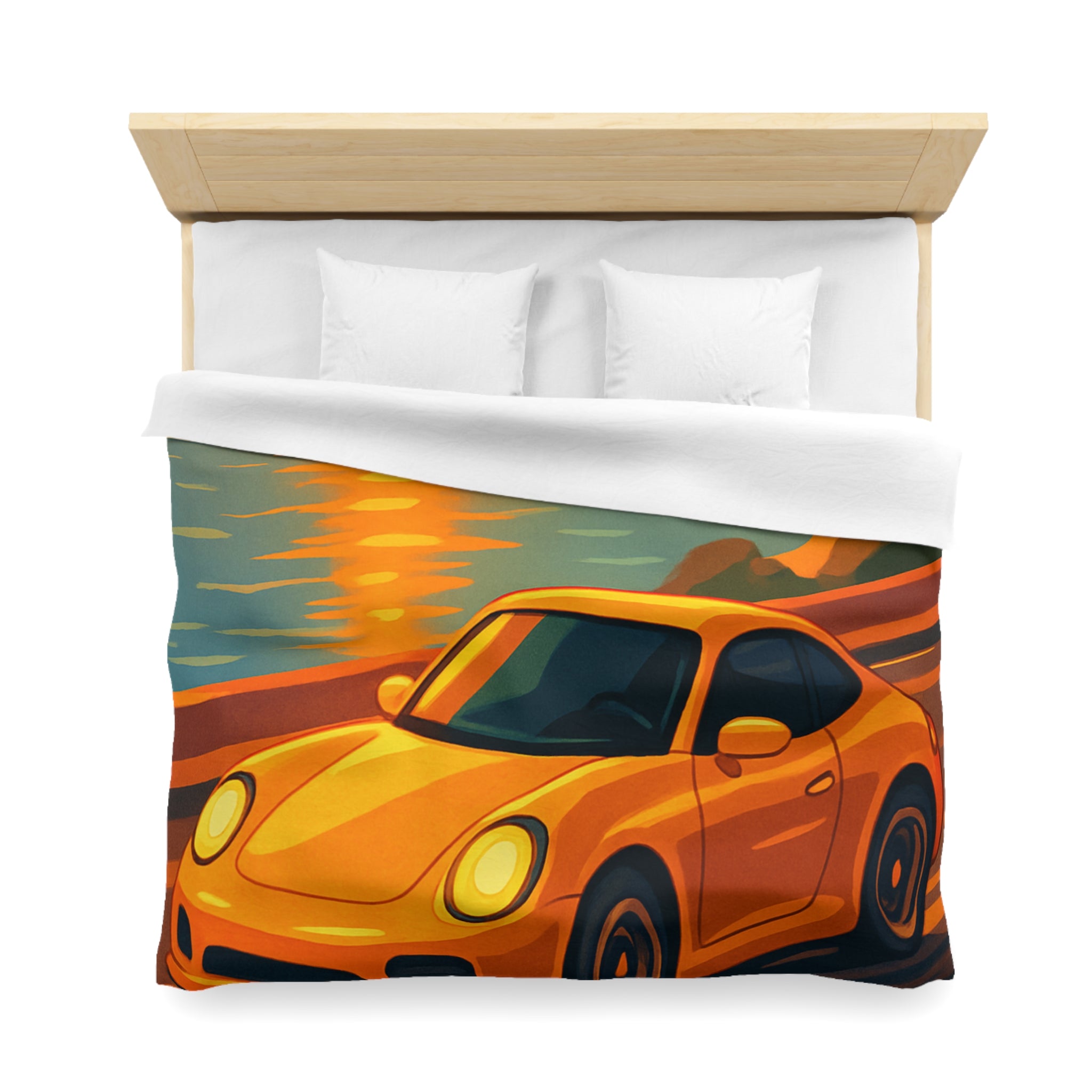 Housse de couette voiture sportive orange route côtière coucher de soleil paysage vibrant