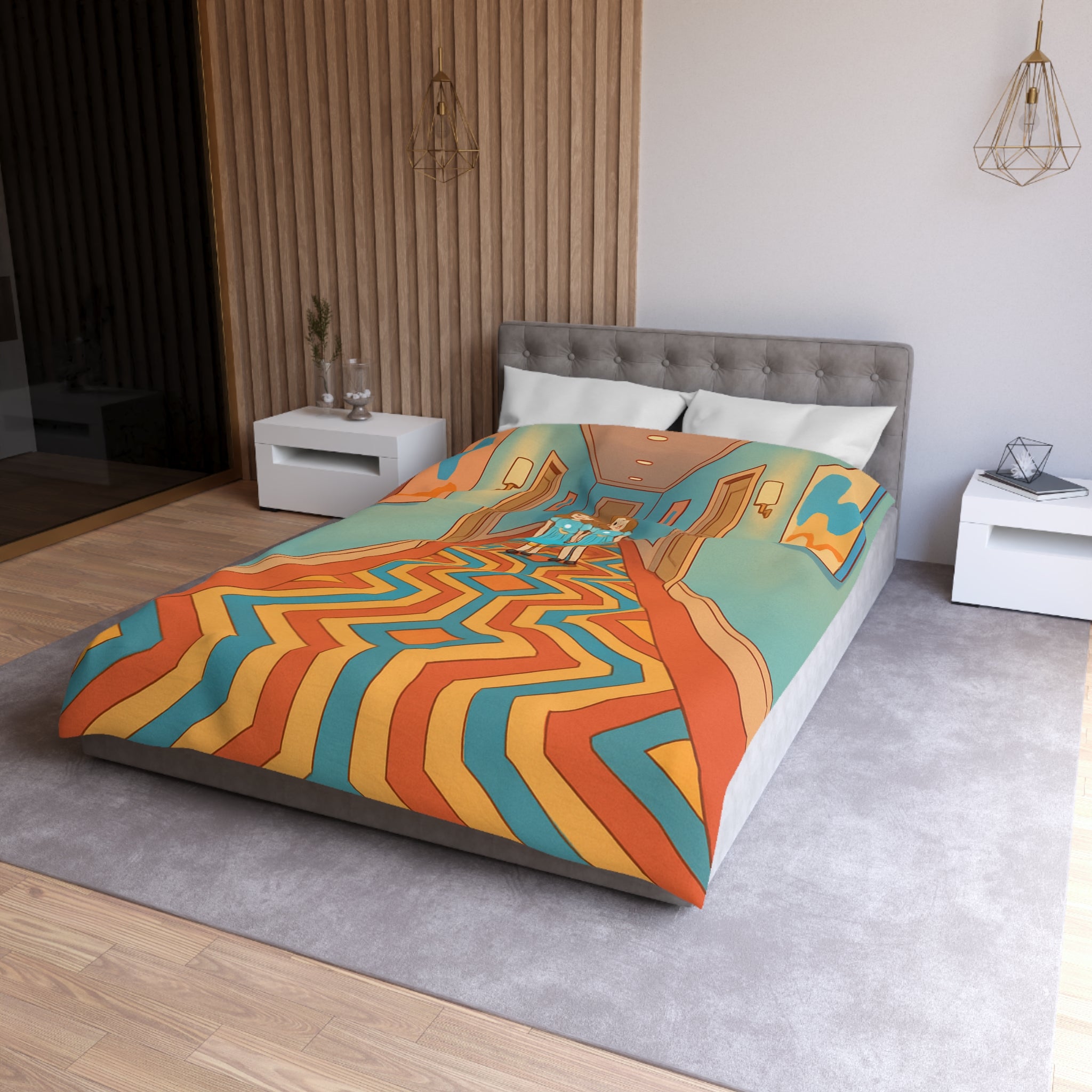 Housse de couette motif géométrique rétro et ambiance inspirée de films classiques d'horreur