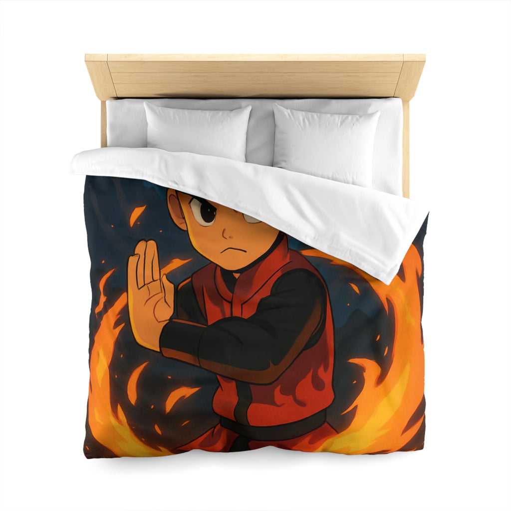 Housse de couette stylée avec enfant maîtrise le feu sous une pleine lune mystique