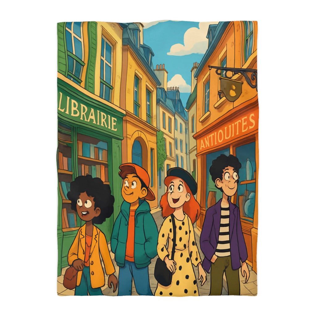 Housse de couette élégante avec design de rue parisienne animée et jeunes explorateurs