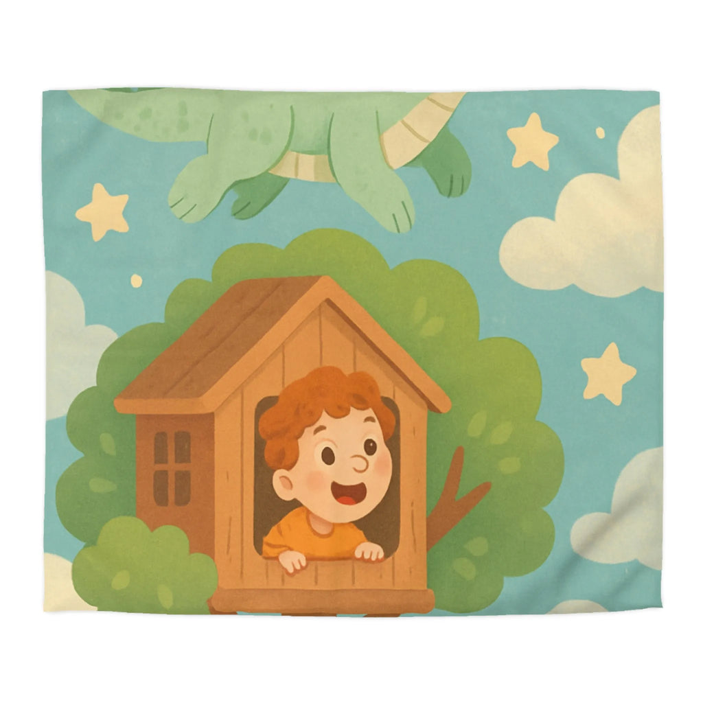 Housse de Couette Enfant Colorée avec Dragon, Maisonnette Arbre et Étoiles Féeriques