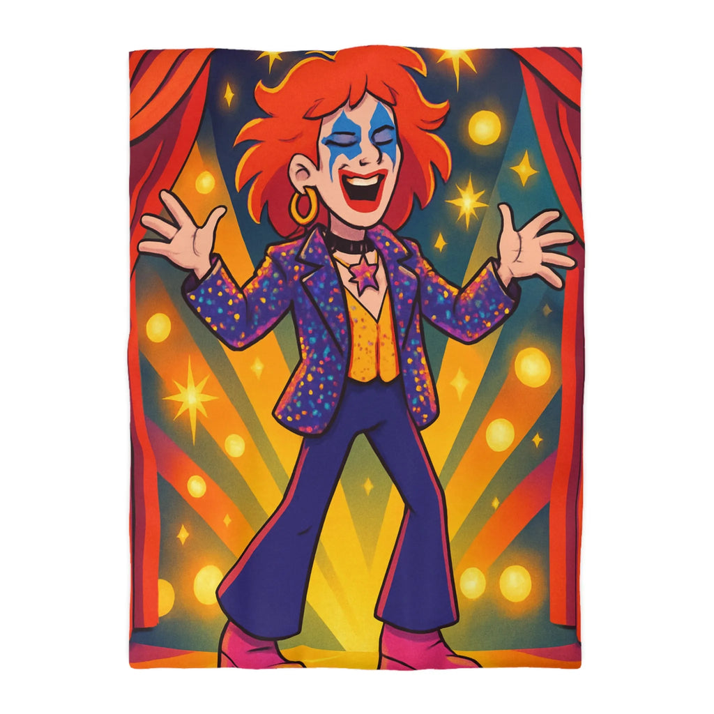 Housse de couette colorée avec personnage énergique sur scène, étoiles et rideaux rouges