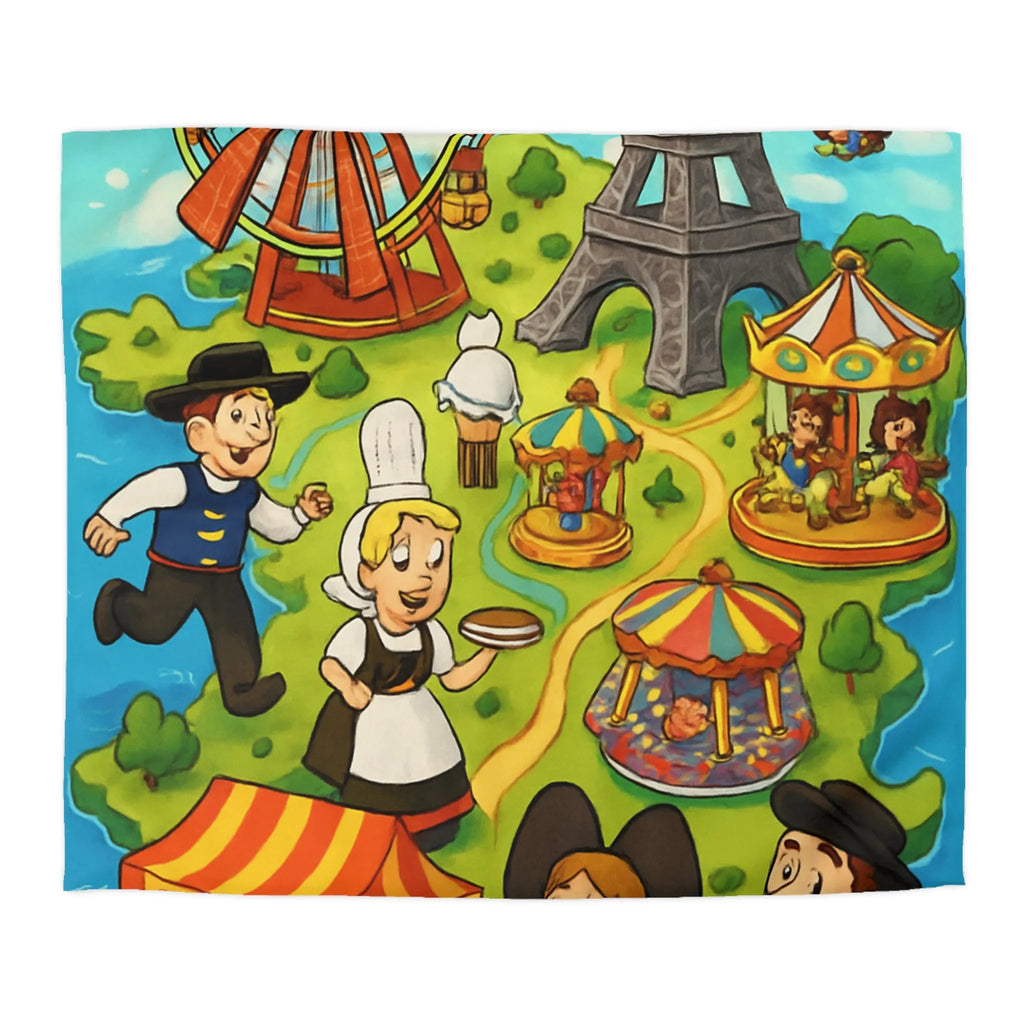 Housse de couette illustrant l'amusement et la culture française dans un parc coloré