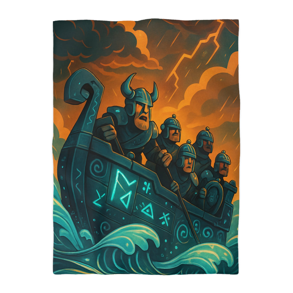 Housse de Couette Motif Vikings en Bateau sous Orage Céleste Féroce et Saisissant