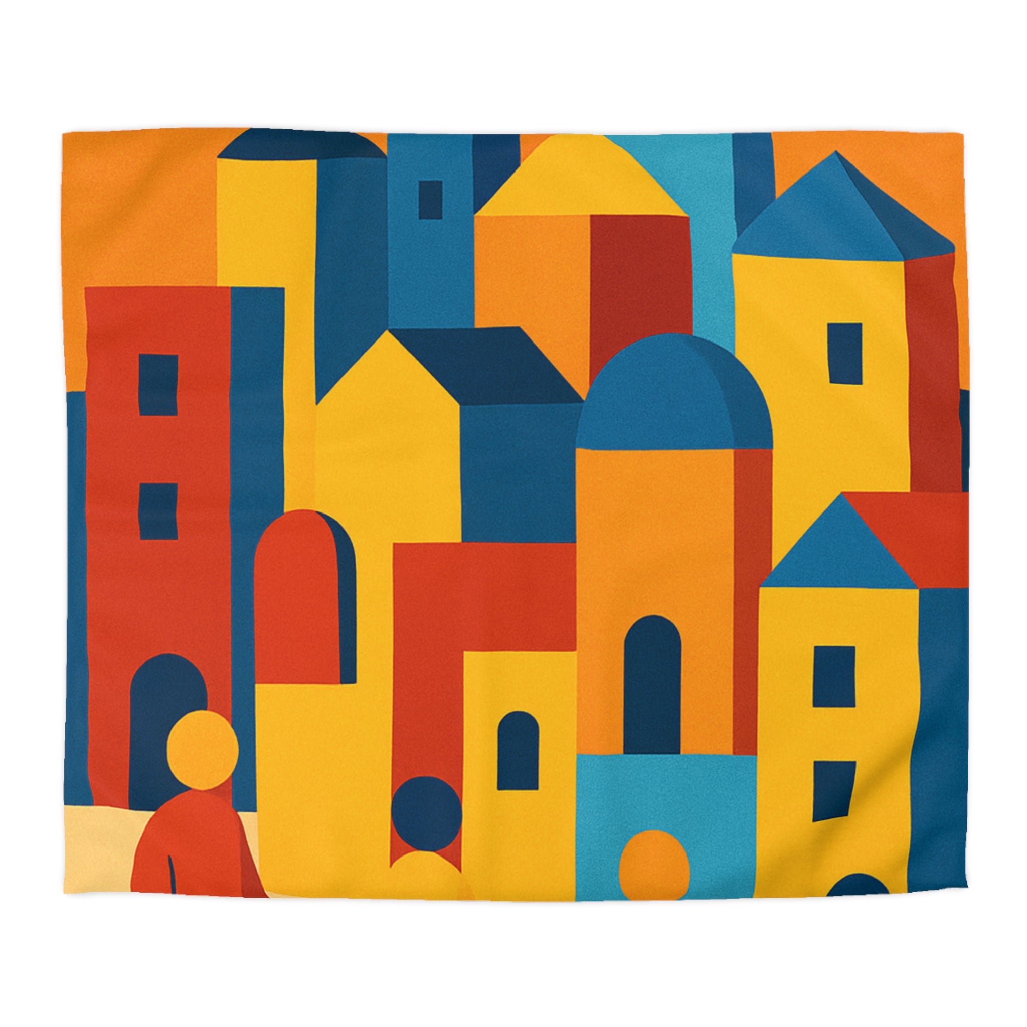 Housse de Couette Moderniste aux Couleurs Chaudes Illustrant Ville Effervescente et Silhouettes Humaines