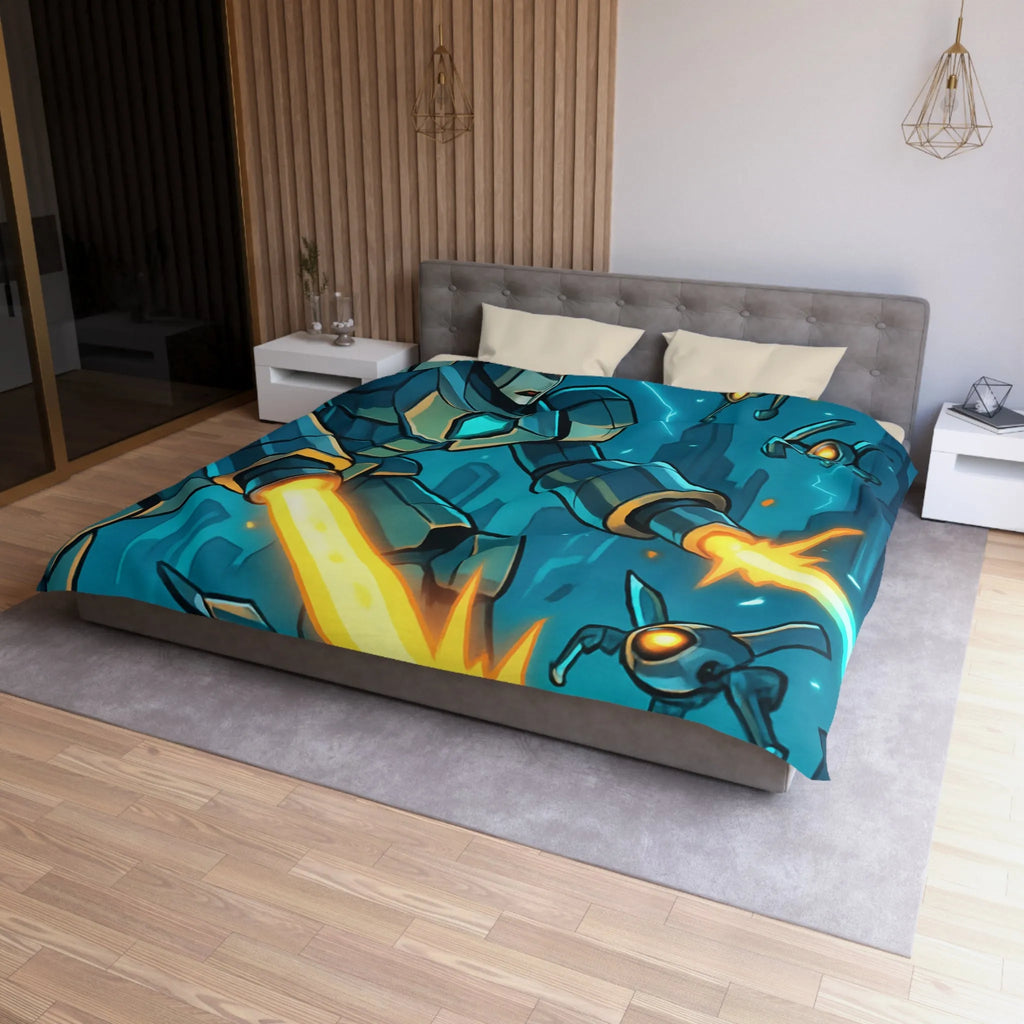 Housse de couette illustrant un robot tirant des lasers dans une ville futuriste la nuit