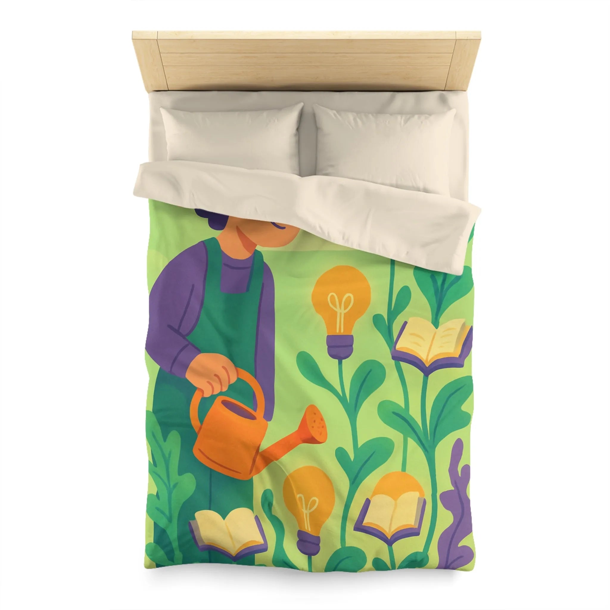 Housse de couette colorée avec jardinier arrosant plantes livres et ampoules