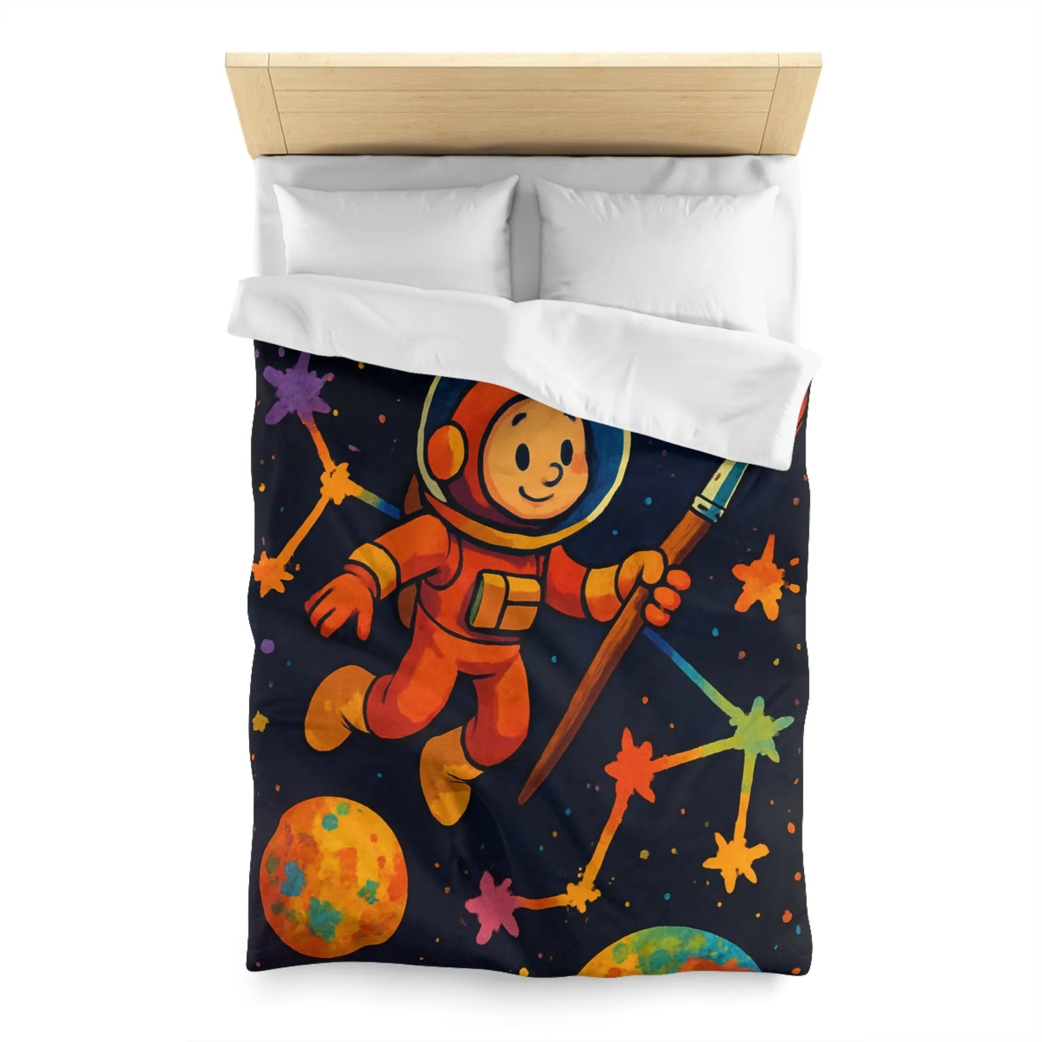 Housse de couette enfant : astronaute, peintre de l'univers, planètes colorées et célestes étoiles