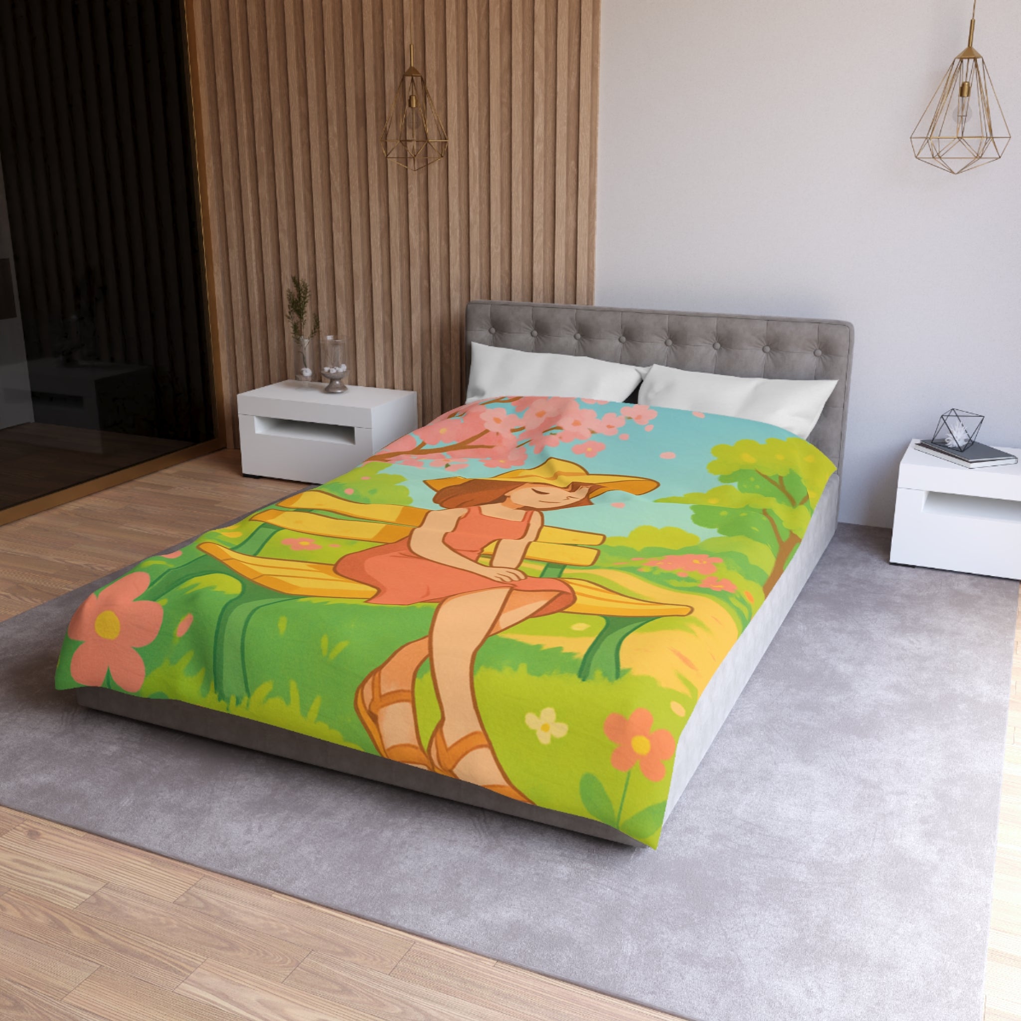 Housse De Couette Motif Printanier Banc Fleurs Ciel Bleu Style Illustration Paisible