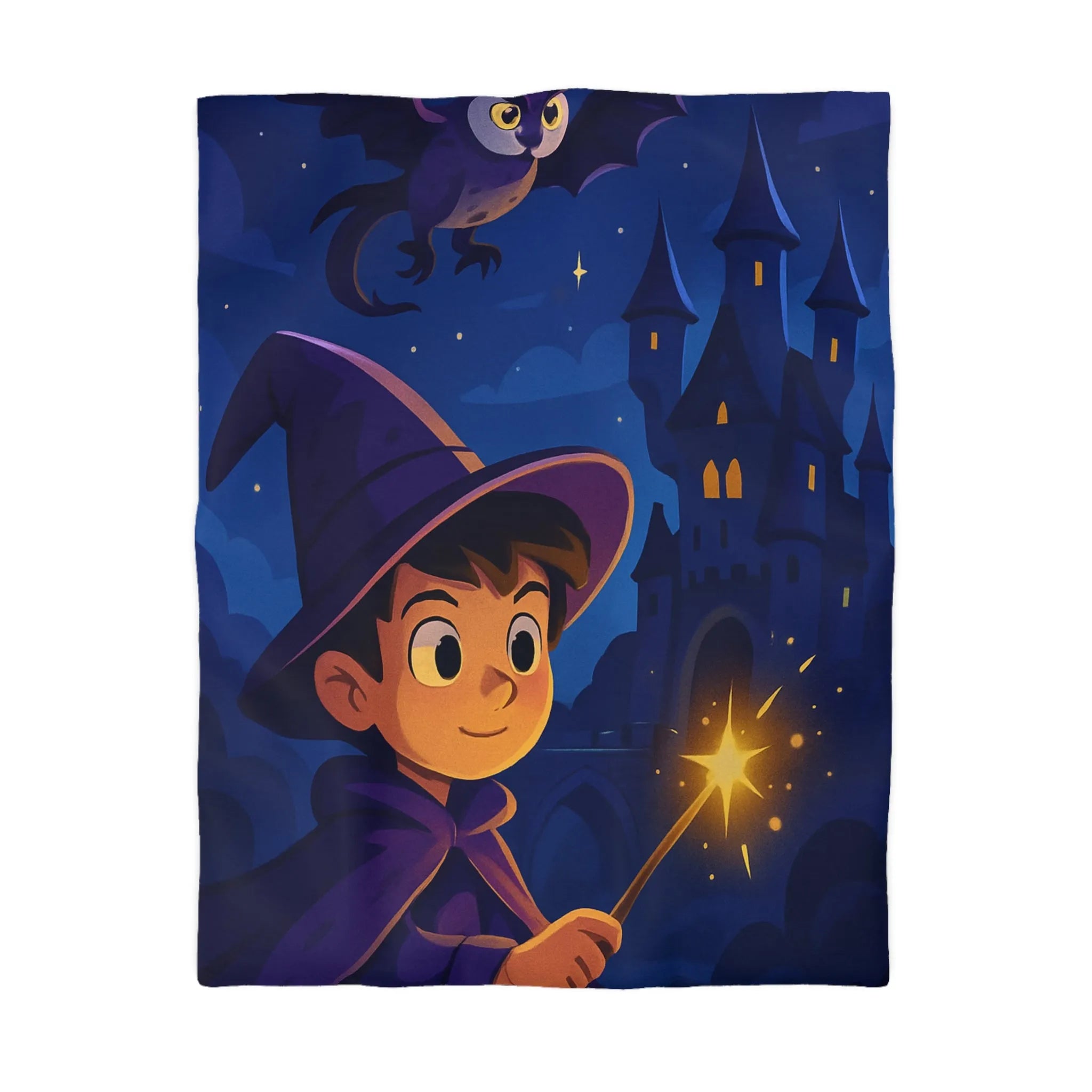 Housse de couette magique pour enfant avec jeune sorcier et château enchanté