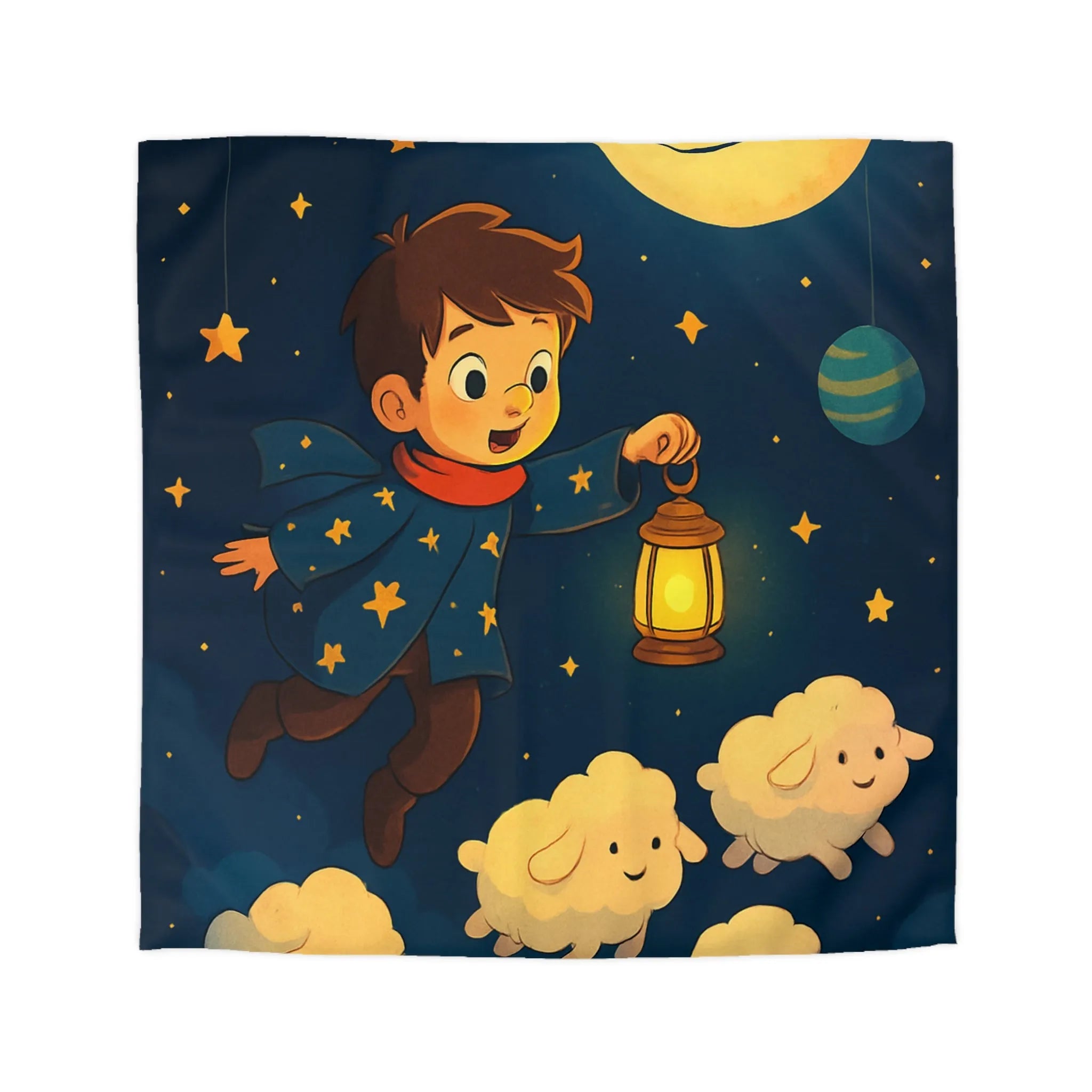 Housse de couette enfant rêveur avec étoiles, lune et moutons volants mignons