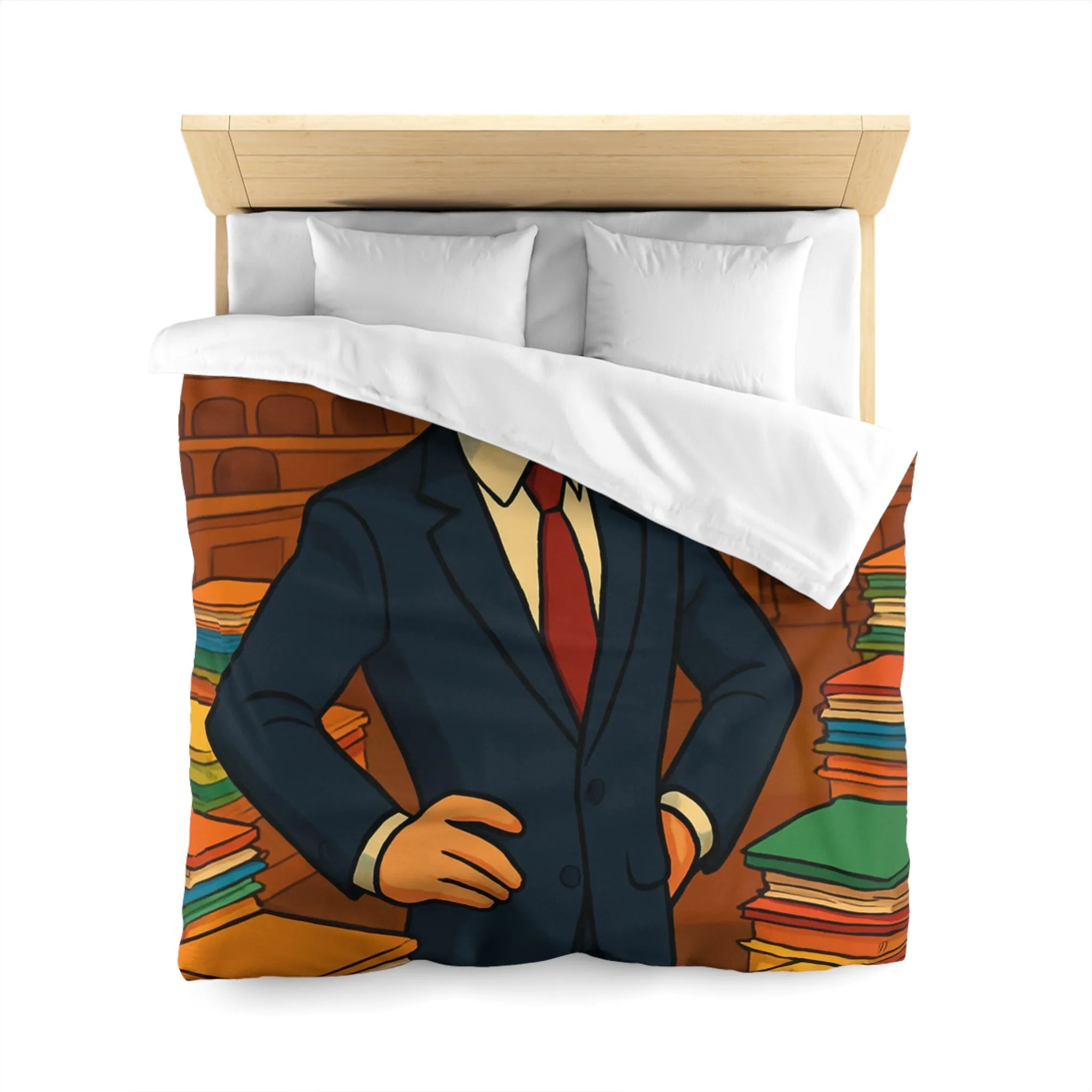 Élégante housse de couette rétro, piles de dossiers colorés, personnage confiant et distingué