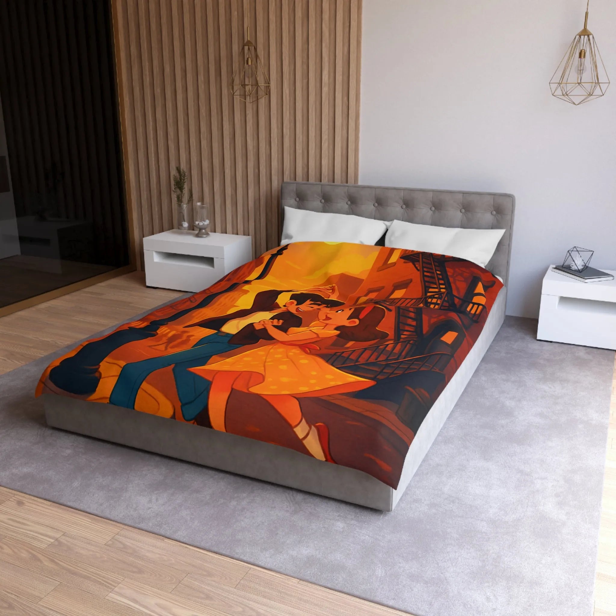 Danse romantique rétro sous réverbère vintage, ambiance urbaine crépusculaire charmante et nostalgique