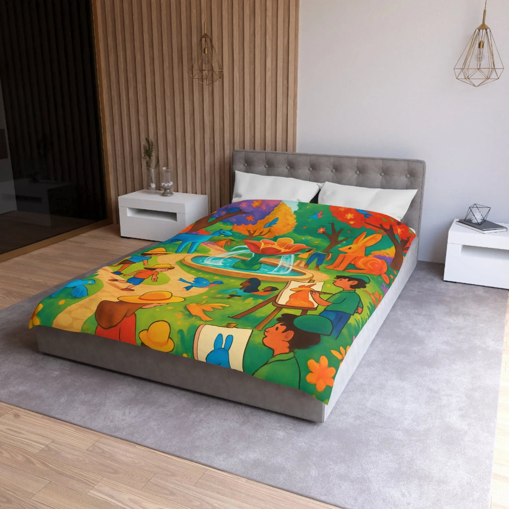 Housse de couette colorée avec animaux fantastiques, enfants et fontaine au parc artistique