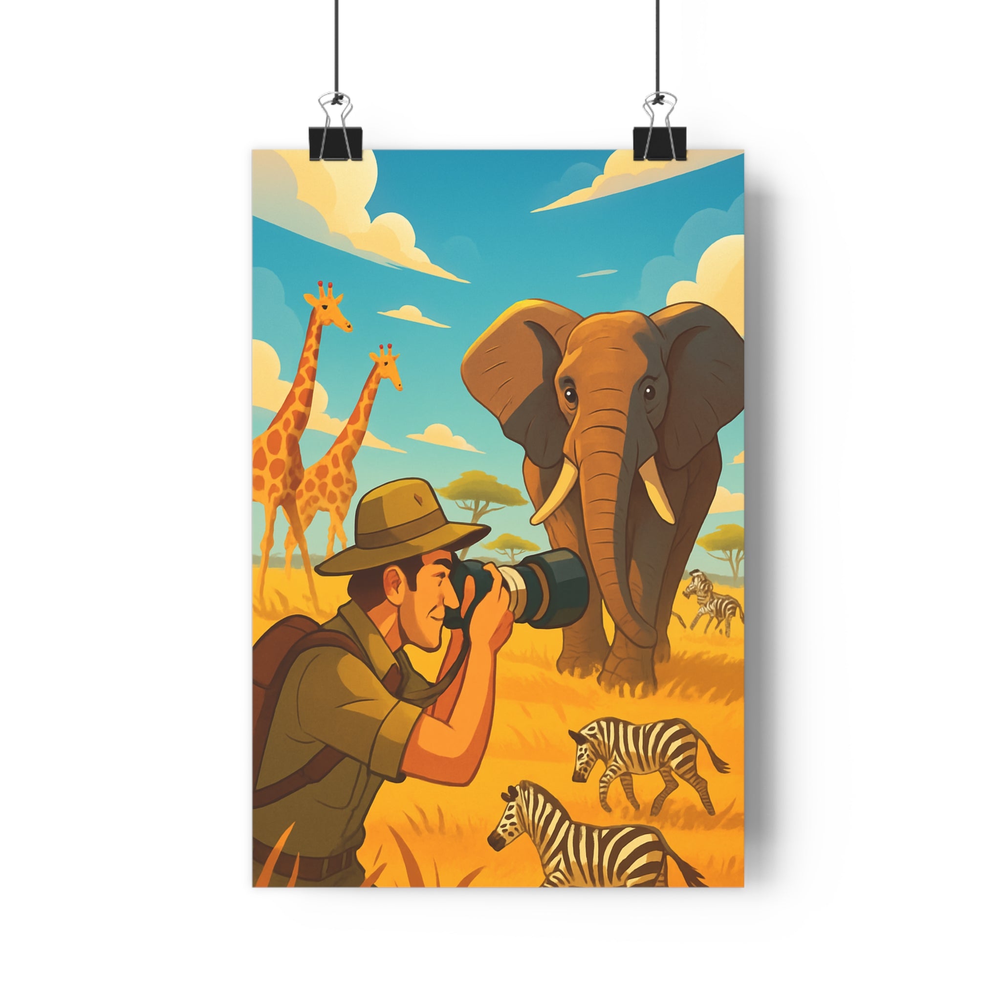Poster décoratif animé vibrant éléphant zèbres girafes aventure joyeux salon chambre 30x46 coloré qualité