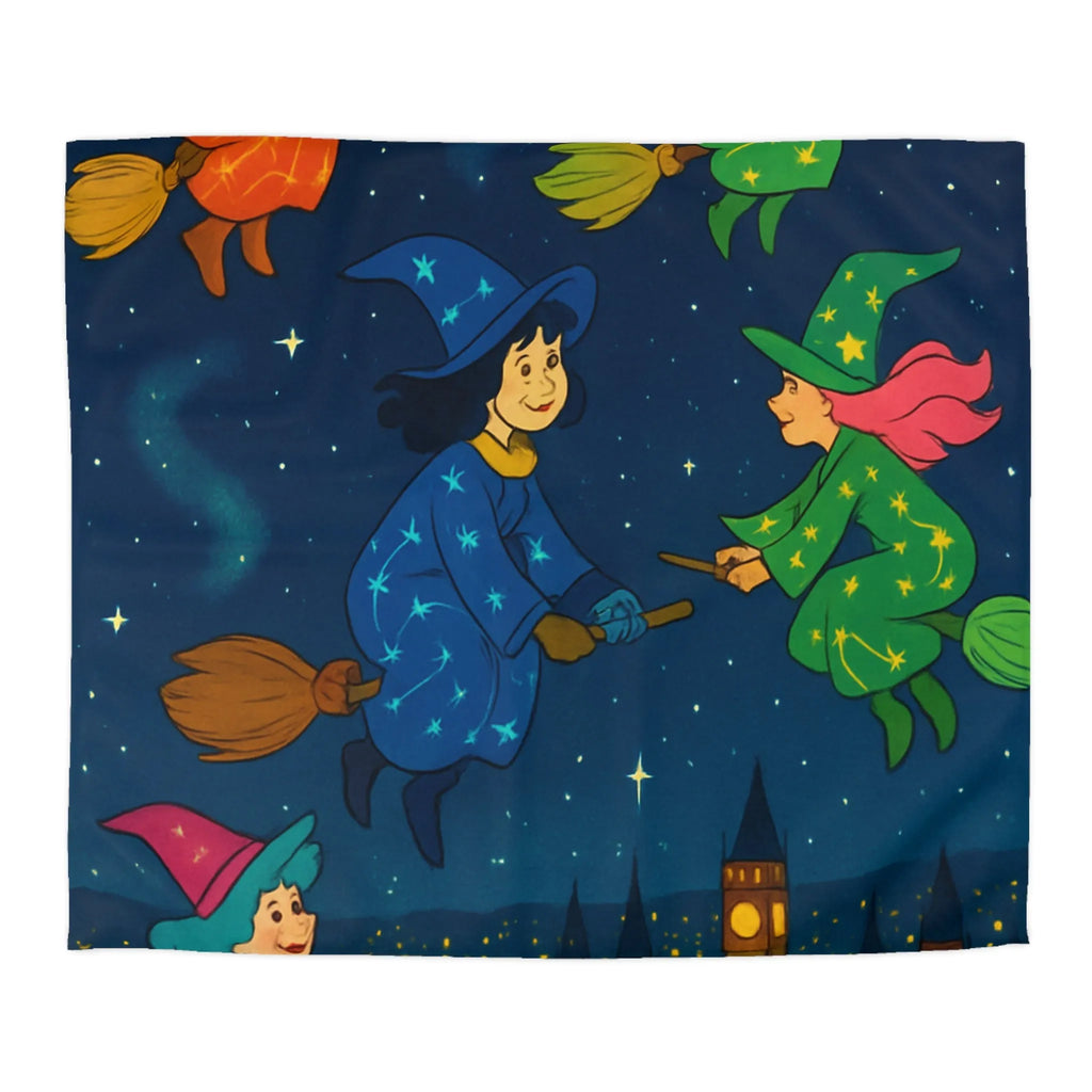 "Housse de Couette Féérique avec Sorcières Volant dans le Ciel Étoilé au-dessus de la Ville"