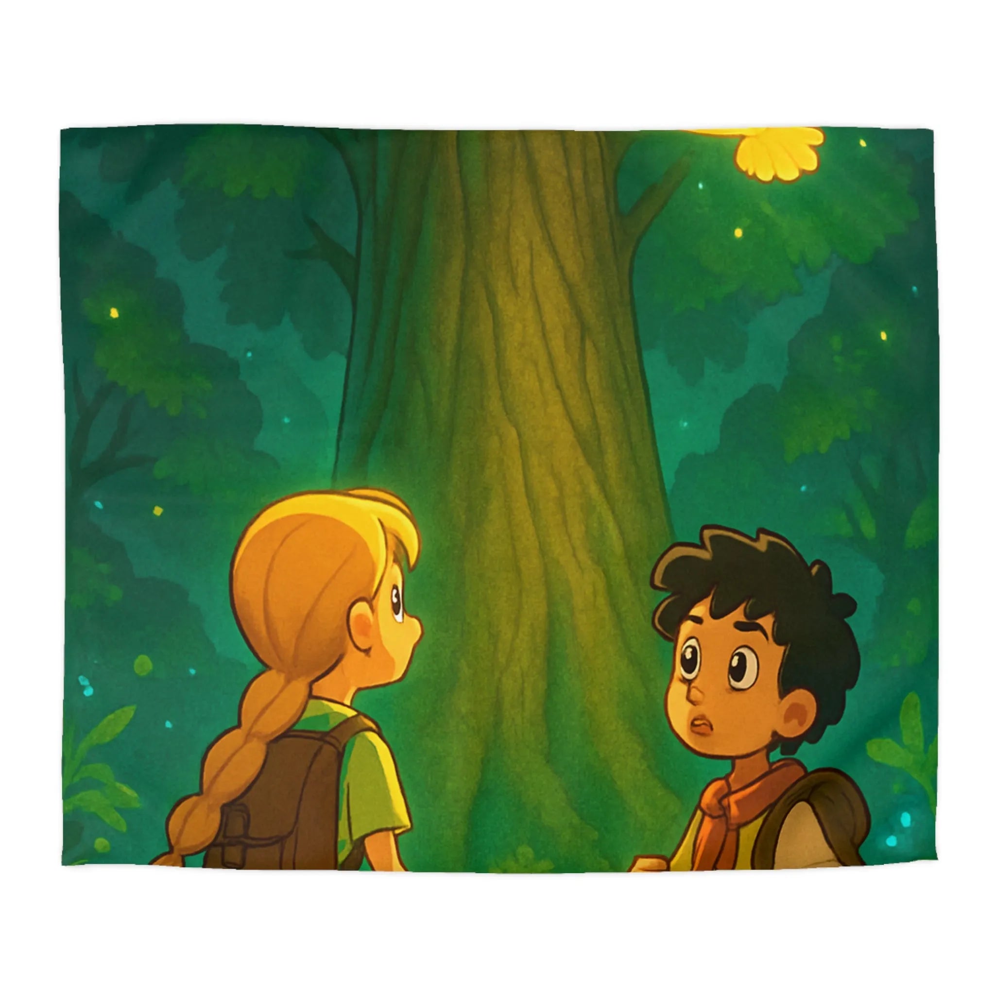 Housse de couette forêt enchantée avec enfants, renard et hibou lumineux