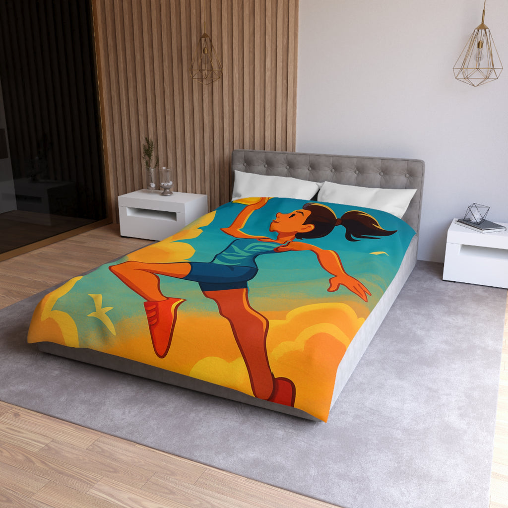 Housse de couette sportive colorée, femme jouant freesbee sous ciel bleu dynamique ultime