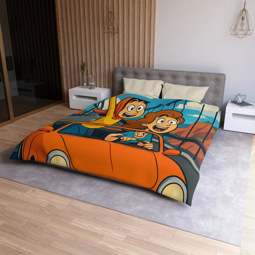 Housse de couette colorée avec illustration de famille en voiture sur pont suspendu