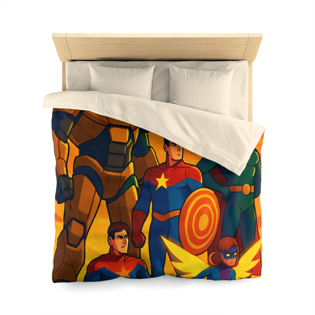 Housse de couette super-héros en costumes colorés avec coucher de soleil épique en arrière-plan