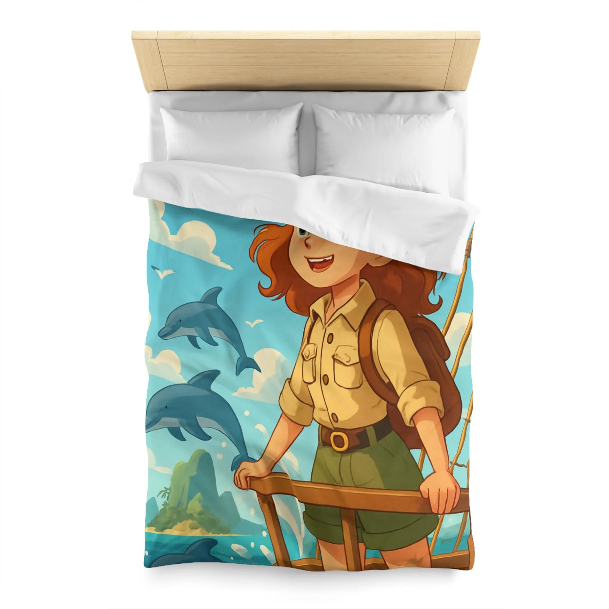 Housse de couette aventure nautique enfantine avec dauphins, voile et exploration marine animée