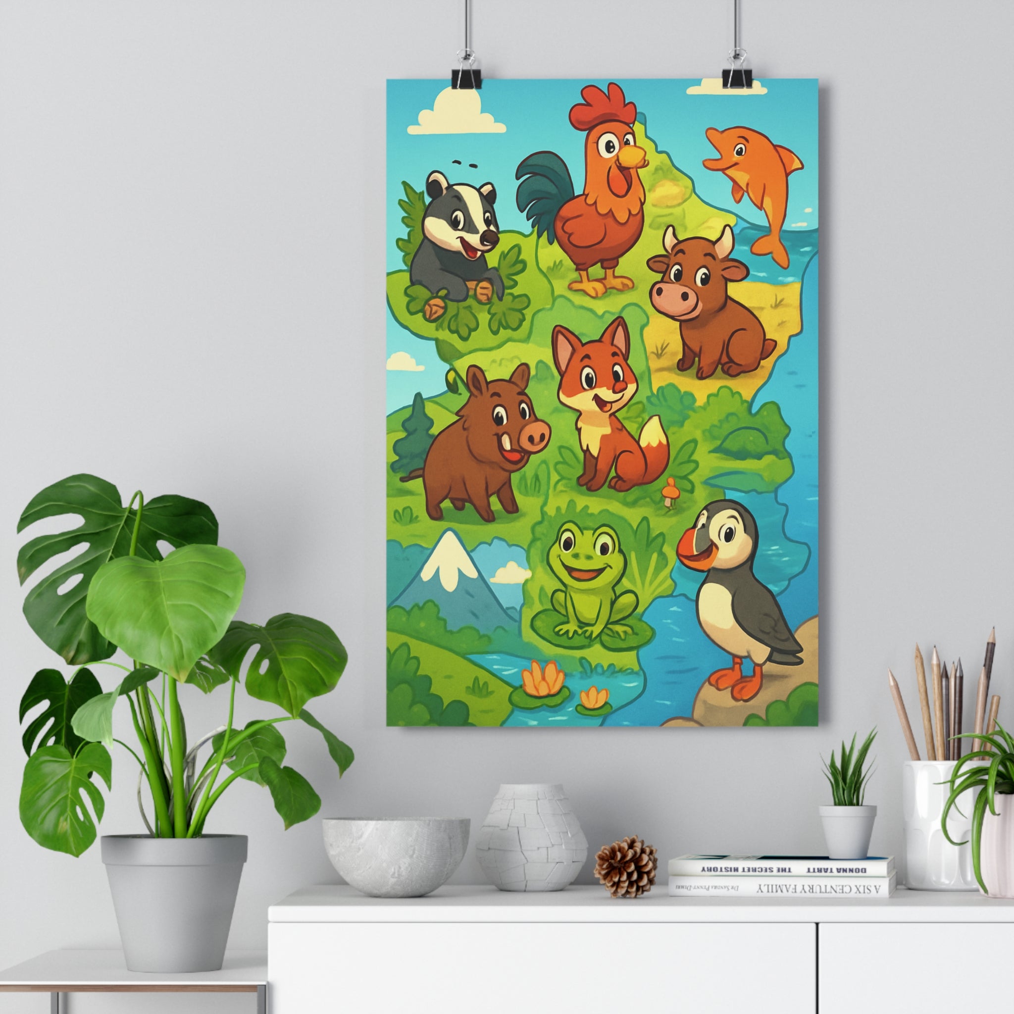 Poster décoratif animalier joyeux coloré enfant chambre ludique carte France illustration vibrant 30x46 cm