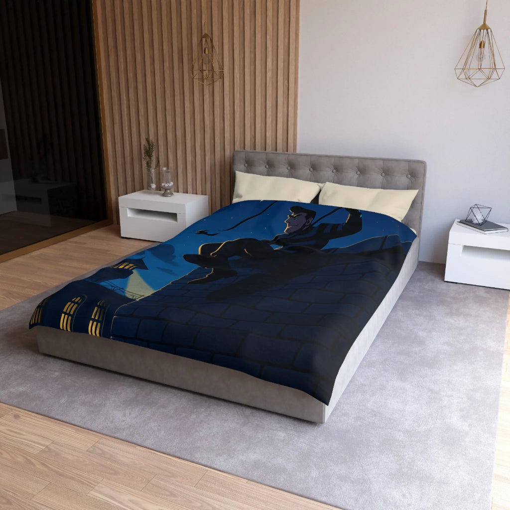 Housse de couette avec artiste en fuite sous ciel étoilé, ambiance nocturne captivante