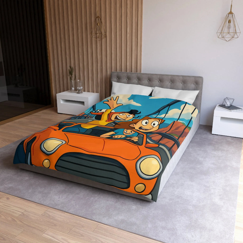 Housse de couette colorée avec illustration de famille en voiture sur pont suspendu