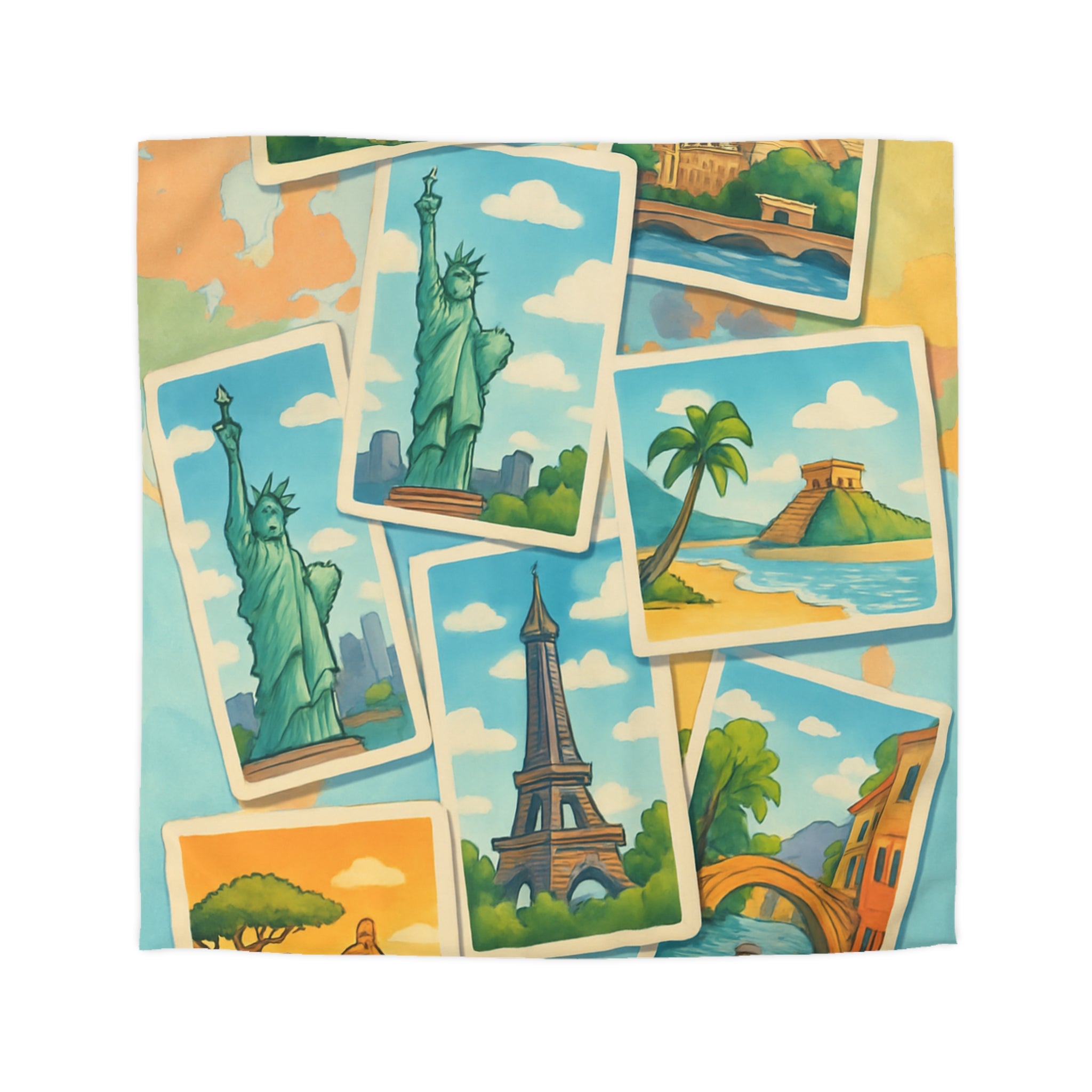 Voyage Mondial Coloré: Housse de Couette avec Monuments et Paysages Iconiques des Continents