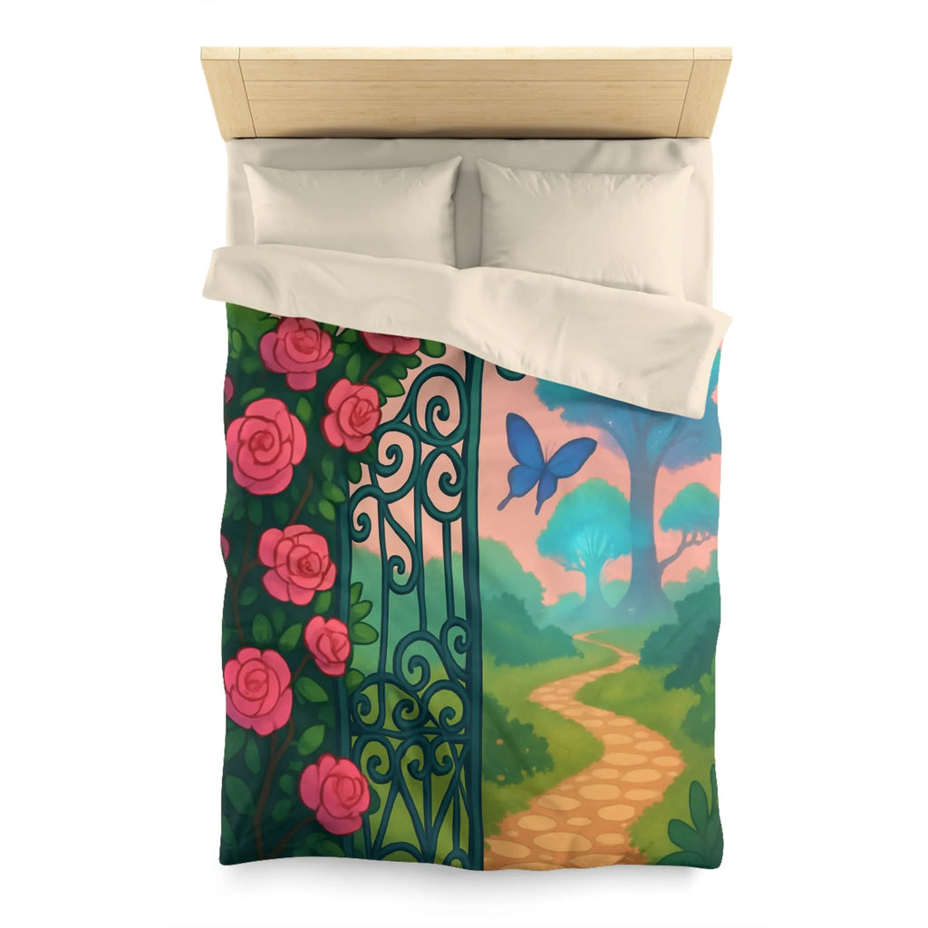 Belle housse de couette féerique avec portail fleuri et papillons colorés, jardins enchanteurs