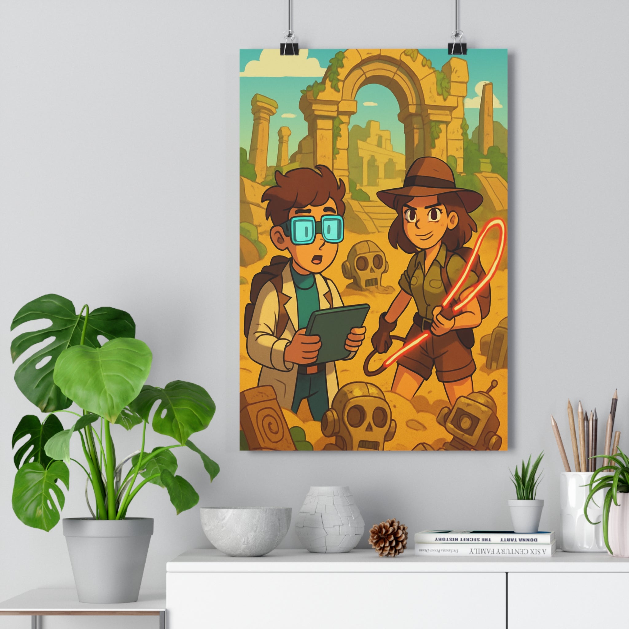 Poster décoratif aventure mystique rétrofuturiste doré moderne salon bureau couleur chaude sculpture crâne qualité