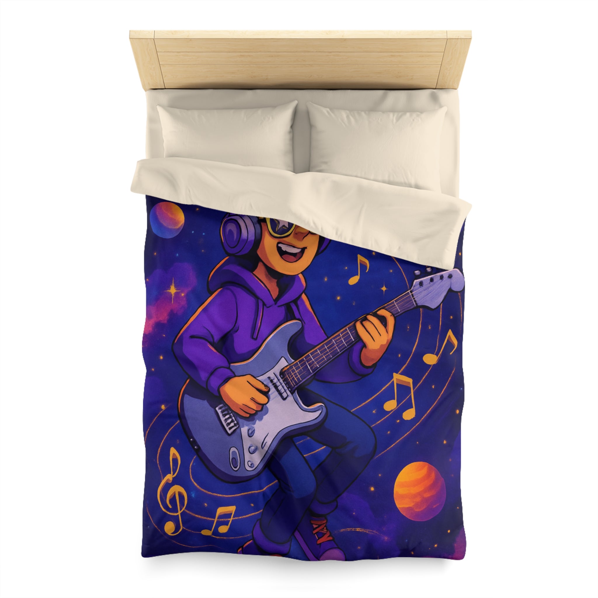 Housse de couette musicale avec planète, guitare et ciel cosmique coloré, ambiance rêveuse