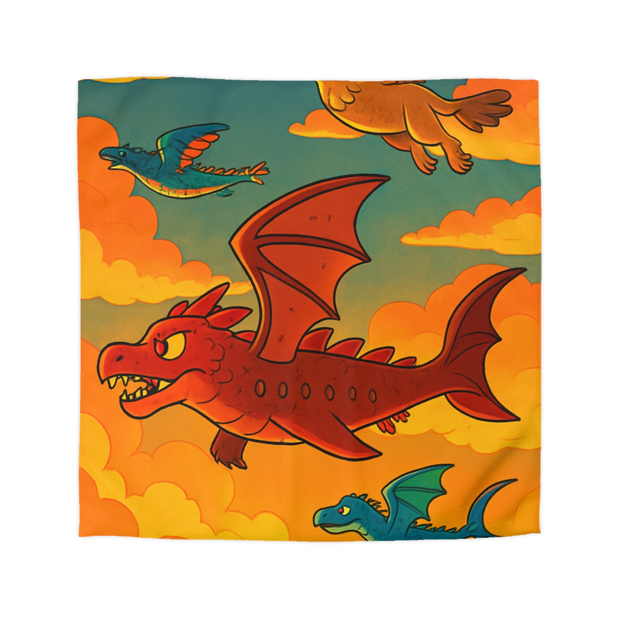 Housse de Couette Motif Dragons Colorés Volant dans Ciel Orange Nuageux Enchanté